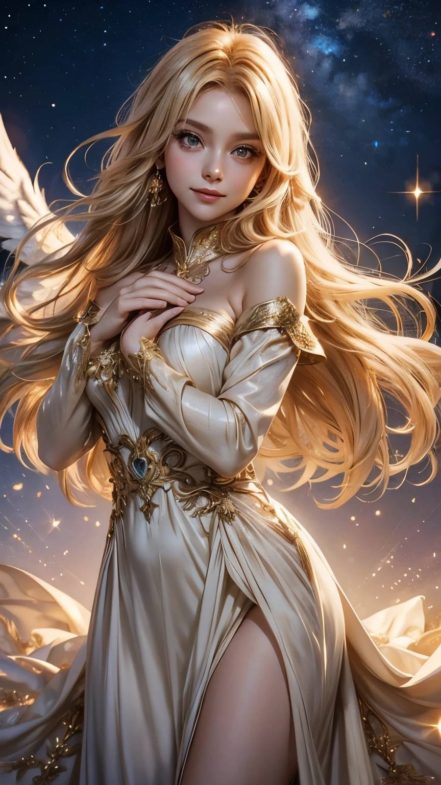 Neat and beautiful girl  cupid, facing straight at viewer, body facing front at viewer, gentle smile, big eyes, blonde, Hide your chest, A neat dress with loose sleeves, A god with many sparkling stars々new background, Prayer-like pose, photorealistic,