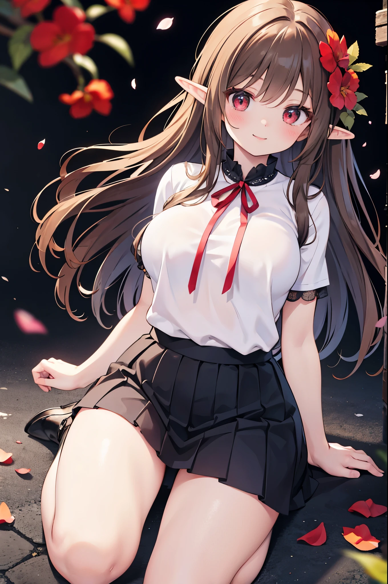 realistic image, coherent image, detailed image, 1 beautiful elf. She has long brown hair, tied up with a comb in the shape of a red flower. Red eyes, long eyelashes. Her face is oval and delicate. smiling. She wears a traditional t-shirt, a pleated mini skirt with lace, and long stockings that cover her legs. She has a curvy body, medium breasts and thick thighs. kneeling view from below. view from her thighs. surrounded by clothing fabrics, flower petals falling around. black background, uniform background,