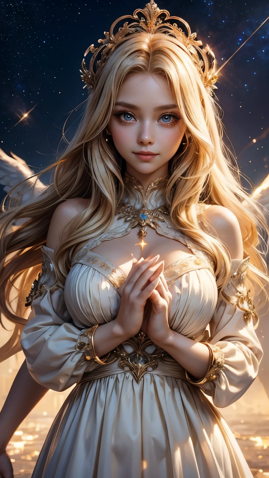 (best quality,4k,8k,highres,masterpiece:1.2),ultra-detailed,(realistic,photorealistic,photo-realistic:1.37),a girl with radiant blonde hair and piercing blue eyes, [angelic] wings spread wide, [delicate] facial features, [translucent, billowing chromatic silks [fluttering gracefully around her], chromatic butterfly wings shimmering in the moonlight, [luminous halo] above her head, [ethereal] glow surrounding her body, [celestial] energy emanating from her being, [starry sky] dotted with twinkling constellations, [magical atmosphere] filled with a sense of wonder, [soft, gentle breeze] rustling through the trees, [serene garden] with colorful blossoms and lush greenery, [enchanted] moon casting a soft glow on the scene, [seraphic] presence inspiring a feeling of awe and serenity, [golden rays of light] illuminating her path, [peaceful harmony] between nature and the divine.