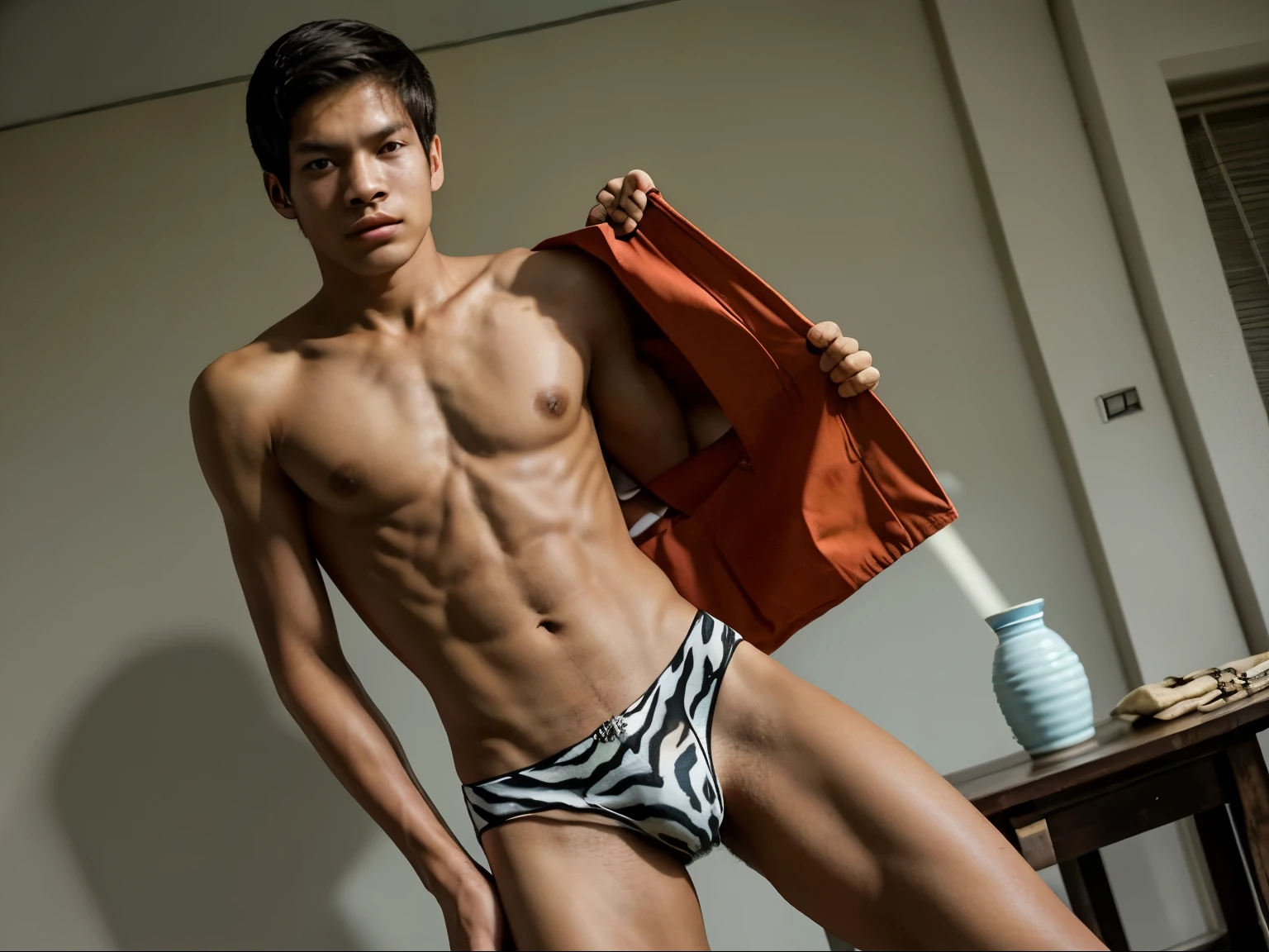 age boy ,Thai person, ,handsome,Put on a shirt, Wear tiger print underwear , Slim figure , No muscles. , ,No muscles. ,lean skinny, Stand and see the whole thing. , There is a seashore. , daytime