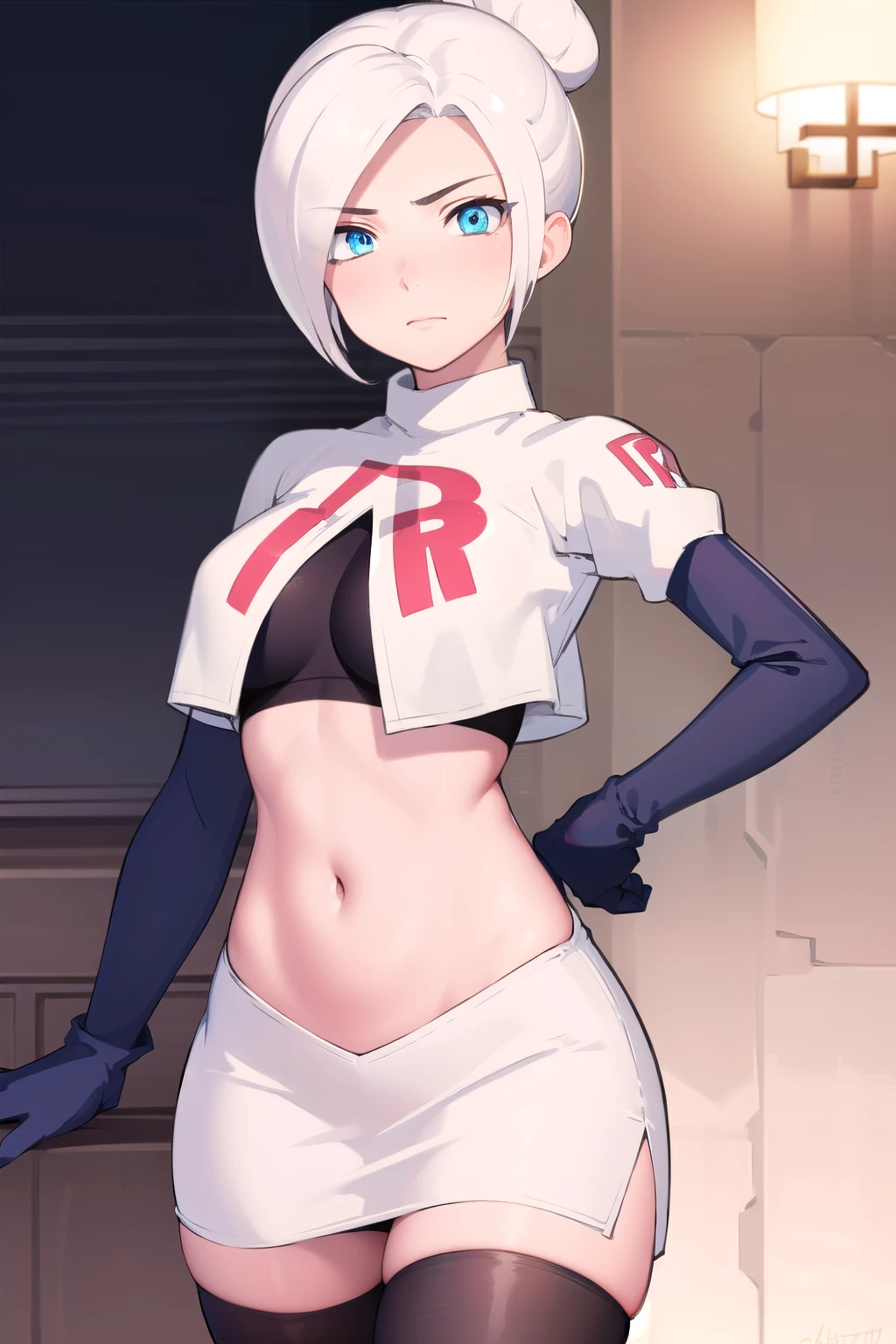 winterschnee, winter schnee, blue eyes, white hair, hair bun, single hair bun,
BREAK team rocket,team rocket uniform, red letter R, white skirt,white crop top,black thigh-highs,black elbow gloves
BREAK looking at viewer, (cowboy shot:1.5),
BREAK (masterpiece:1.2), best quality, high resolution, unity 8k wallpaper, (illustration:0.8), (beautiful detailed eyes:1.6), extremely detailed face, perfect lighting, extremely detailed CG, (perfect hands, perfect anatomy),