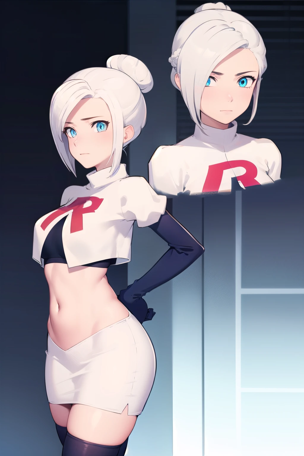 winterschnee, winter schnee, blue eyes, white hair, hair bun, single hair bun,
BREAK team rocket,team rocket uniform, red letter R, white skirt,white crop top,black thigh-highs,black elbow gloves
BREAK looking at viewer, (cowboy shot:1.5),
BREAK (masterpiece:1.2), best quality, high resolution, unity 8k wallpaper, (illustration:0.8), (beautiful detailed eyes:1.6), extremely detailed face, perfect lighting, extremely detailed CG, (perfect hands, perfect anatomy),