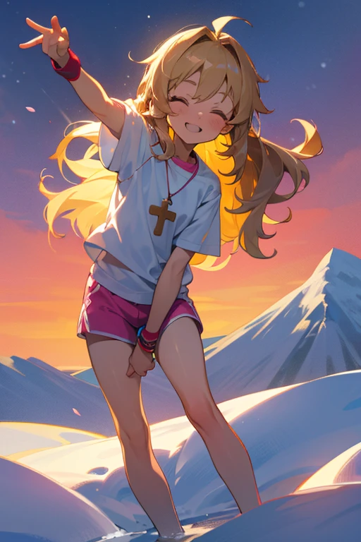 a cute 6  christian church girl named Zachary, brownish blonde hair, skinny, long wavy hair, in the arctic, wintertime, playing in the snow, short sleeved white sport jersey tshirt, pink shorts, cross necklace, playing in the snow, sunset, slight smile, wristbands, barefoot , winking, hand details, feet details, at the summit of a mountain