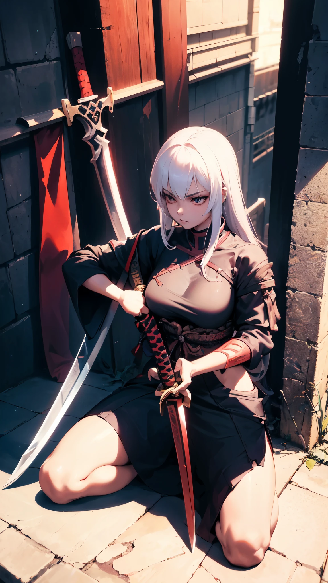 a woman kneeling down with a sword in her hand,very beautiful cyberpunk samurai,she is holding a katana sword,unsheathing her katana,she is holding a sword,ornate korean polearm behind her, realistic anime 3D style, cgsociety 9,2.5D cgi anime fantasy artwork, 3 d anime realistic.pose beautiful.redAssassin.Standing and sitting with his hands on his knees, Carry the sword on your shoulder.(Stand with your arms crossed over your chest, your back against the wall).hair white.
