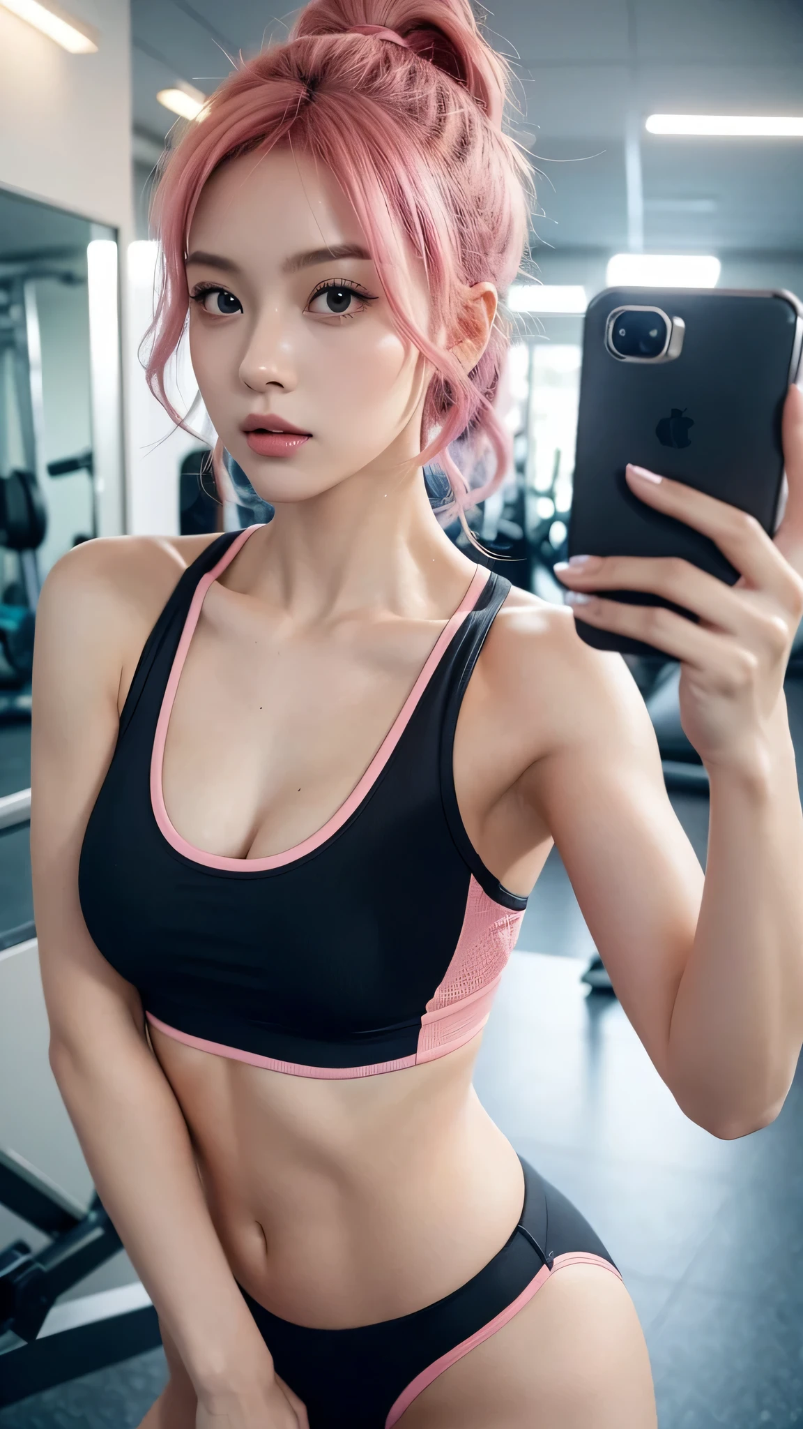 In a vibrant gym environment, A woman takes a selfie, Her hair is a prominent feature of her vibrant look. Her short hair is dyed a lively pink, Exudes a bold and energetic vibe. The ends of her hair are gently curled, Adds a touch of playfulness and femininity to bright colors. these curls, and a subtle fade at the tips., Create eye-catching contrast, Showcasing her flair for stylish and expressive hairstyles. her outfit, Well-fitting workout clothes, Highlights her active lifestyle and replenishes the vibrancy of her hair. Gym setup, and a range of equipment and mirrors, provides a backdrop that embodies her commitment to fitness and fashion. Her striking pink hair and soft curls were combined with stylish fitness outfits,Create a harmonious and inspiring image, Very suitable for modern times, health conscious individuals.