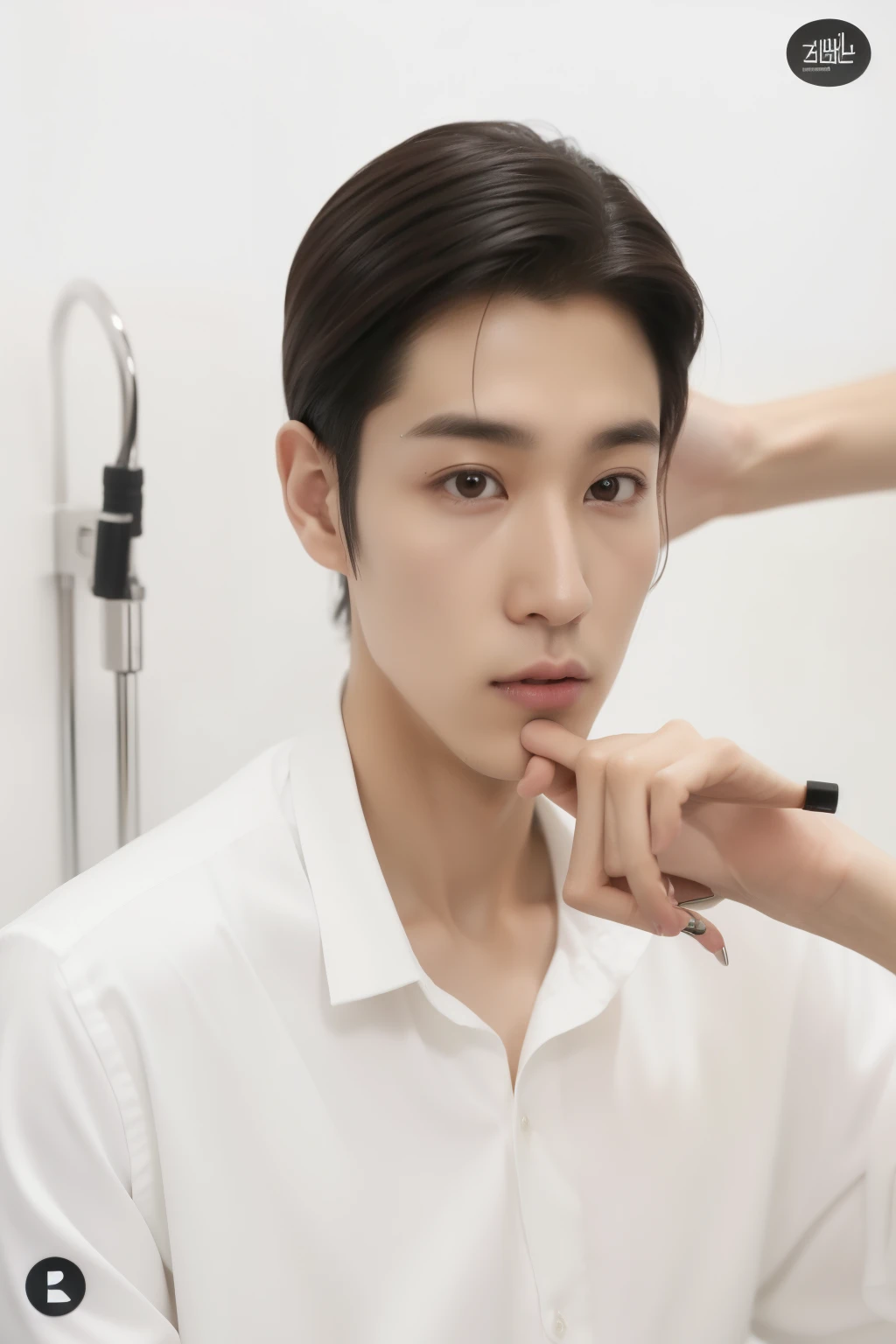 Hombre arafed siendo peinado por una mujer, Cai Xu Kun, 1 7 -  - old co cara delgada, con maquillaje profesional, jinyoung shin, yanjun chengt, with small nose, Photoshoot, chico cara delgada, pale korean adorable face, young pale angel, kim taejin, realista. ChengYi, Shinji, con nariz estrecha