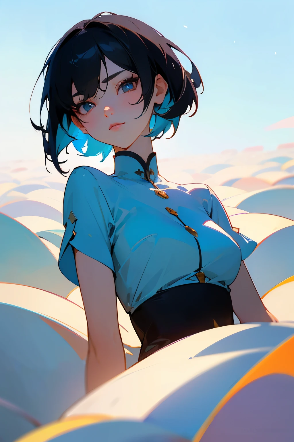 Original Characters、Wide angle shot、Volume Lighting、Best Shadows、Shallow depth of field、Portrait of an amazingly beautiful girl、Delicate beautiful attractive face with and seductive eyes、Woman looking up at blue sky in vast field、Black Hair Shortcut Hair、Slim waist、(top-quality、Superb Detail:1.25)、(solo:1.3)、Brilliant Colorful Paintings