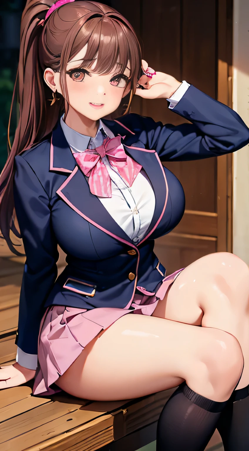 expensiveest quality、expensive girl、((droopy eyes))、light brown hair、expensiveボリュームのあるポニーテール、grated bangs、clothed big breasts、(broad shoulders)、navy blue blazer、expensive 、(((pink nails)))、expensive、elegance、smile、glossy lips、earrings、skirt、dark blue socks
