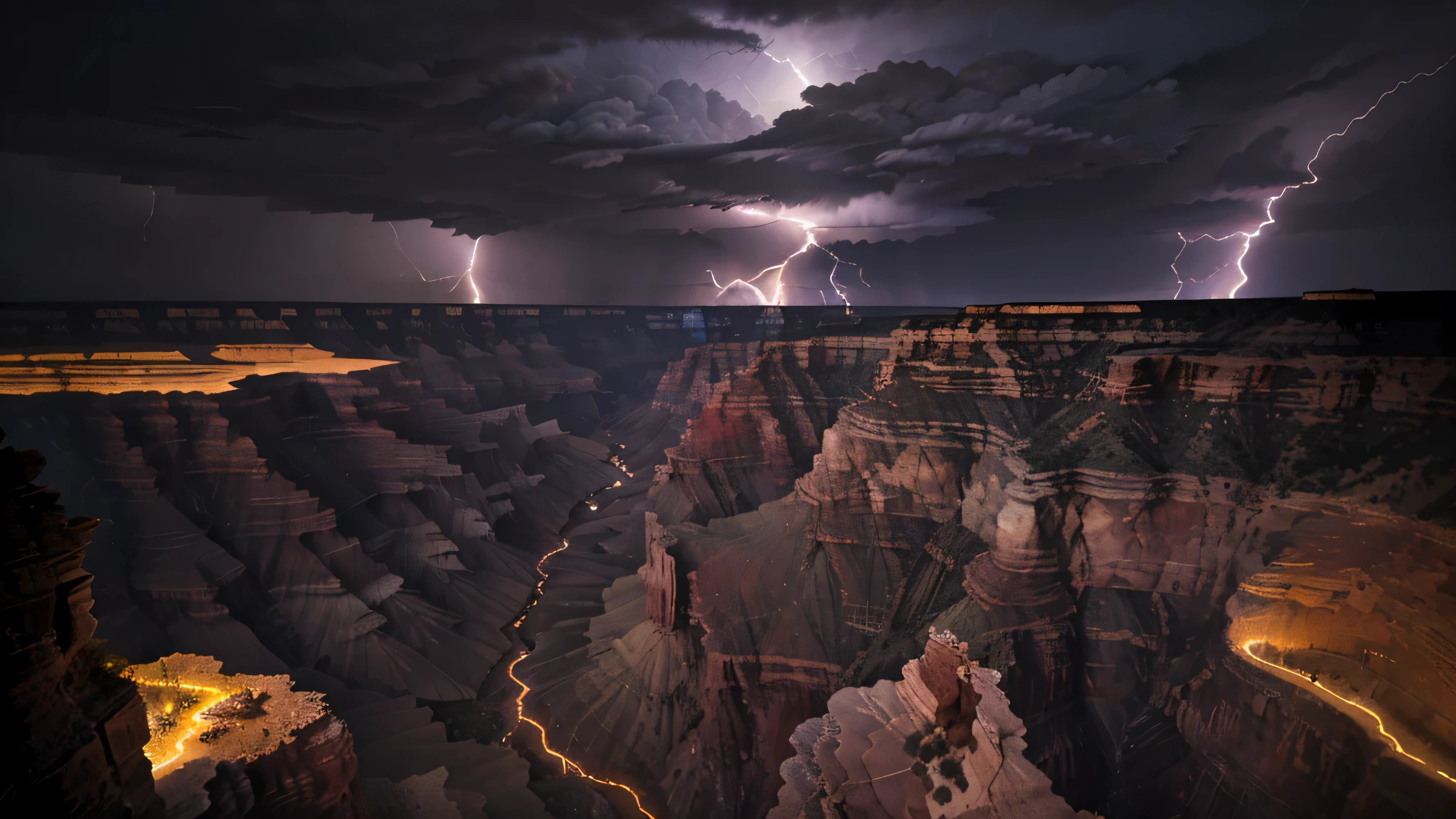 Design an image capturing a night storm over the Grand Canyon, showcasing the astonishing power of nature. The sky should be ablaze with jagged lightning bolts, illuminating the vast and rugged canyon landscape below. The contrast between the dark, shadowy depths of the canyon and the bright, electric flashes of light creates a dramatic and awe-inspiring scene. The viewpoint is from the edge of the canyon, providing a panoramic view of this natural wonder under the tempestuous night sky, highlighting the unique landscape's majesty and the storm's raw energy.