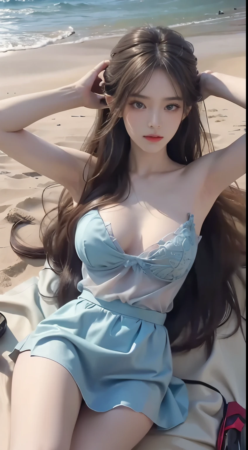 (masterpiece, best quality:1.2), 1girl, solo, ((bare shoulders)), (actual:1.37), ((lying on a beach)), ((Bird's eye view shot)), Sweet maiden, beautiful妆容, Exquisite makeup, Extremely beautiful eyes, long hair, curls, slim body, ((big breasts, Big breasts, cleavage)), Sexy slender legs, The skirt is short, Leaking sexy legs, elegant posture, best quality, correct, correct的手, correct的腿, 解剖学correct, official art, complex, detail的脸, detail, lifelike, Very detailed, amazing, beautiful, Young and energetic, Charming model, Meticulous CG Uniform 8k wallpaper