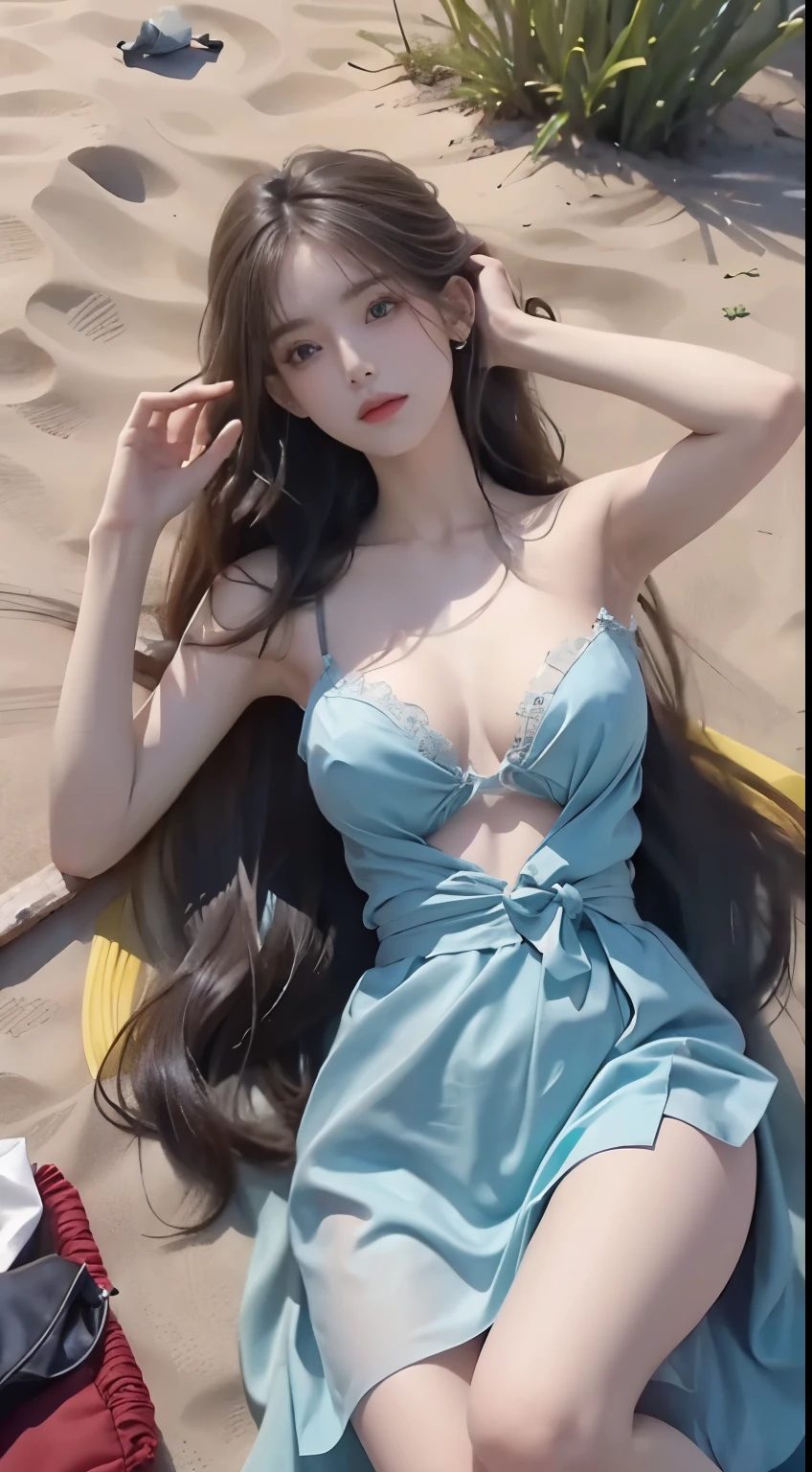 (masterpiece, best quality:1.2), 1girl, solo, ((bare shoulders)), (actual:1.37), ((lying on a beach)), ((Bird&#39;s eye view shot)), Sweet maiden, beautiful妆容, Exquisite makeup, Extremely beautiful eyes, long hair, curls, slim body, ((big breasts, Big breasts, cleavage)), Sexy slender legs, The skirt is short, Leaking sexy legs, elegant posture, best quality, correct, correct的手, correct的腿, 解剖学correct, official art, complex, detail的脸, detail, lifelike, Very detailed, amazing, beautiful, Young and energetic, Charming model, Meticulous CG Uniform 8k wallpaper