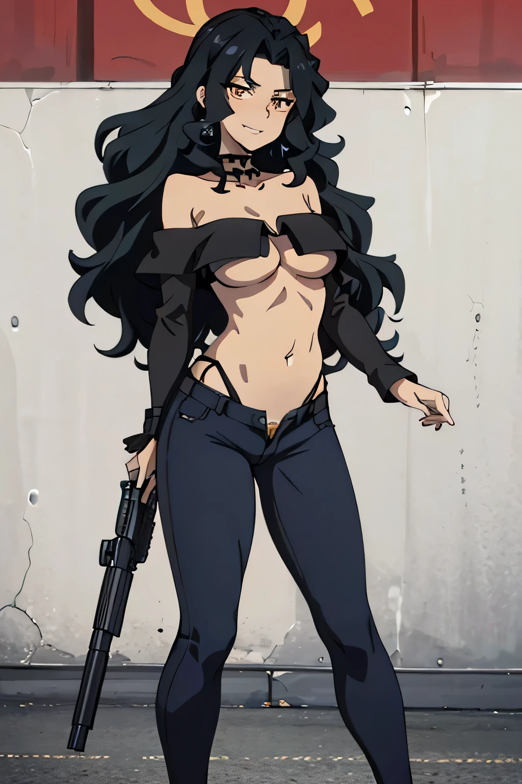 Yana, black hair, long hair, masterpiece,high quality,4k, bare shoulder,belly,crop top,outdoor,cleavage,jeans,casual
dress,street,road,smile, open mouth, (nsfw) not safe for work, holding a gun,handgun, evil expression,
exposed belly, exposed navel, exposed midriff, exposed lower belly, crop top overhang, underboob,
unbuttoned jeans , low rise black jeans, Low rise jeans, Low rise jeans with open fly, navel piercing