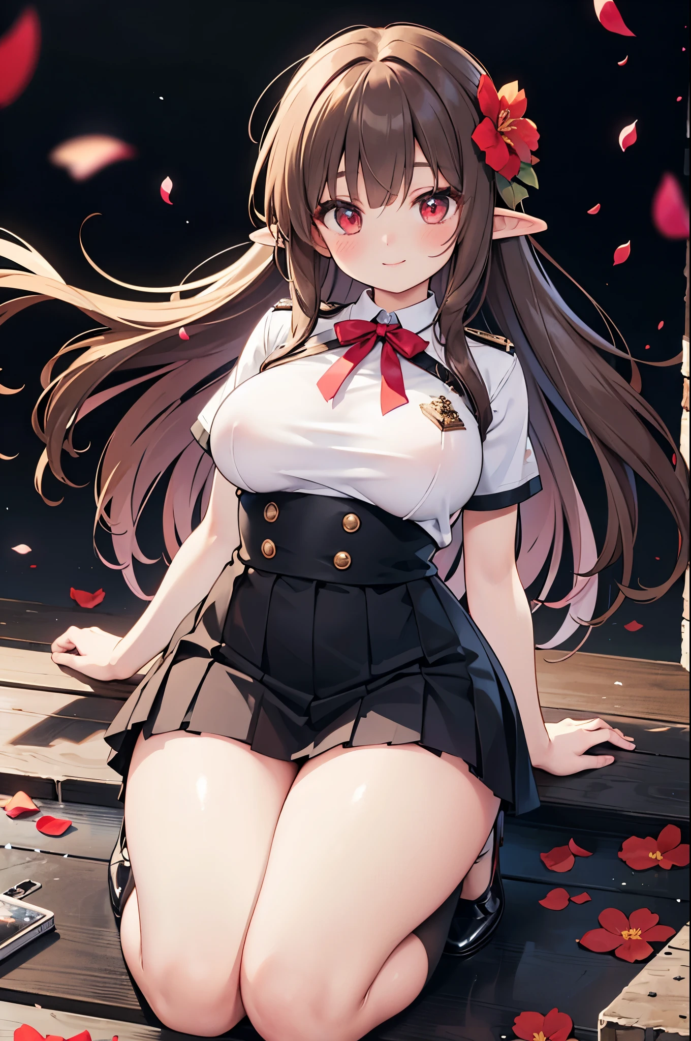 realistic image, coherent image, detailed image, 1 beautiful elf. She has long brown hair, tied up with a comb in the shape of a red flower. Red eyes, long eyelashes. Her face is oval and delicate. smiling. She wears a traditional t-shirt, a pleated mini skirt with lace, and long stockings that cover her legs. She has a curvy body, medium breasts and thick thighs. kneeling view from below. view from her thighs. surrounded by clothing fabrics, flower petals falling around. black background, uniform background,