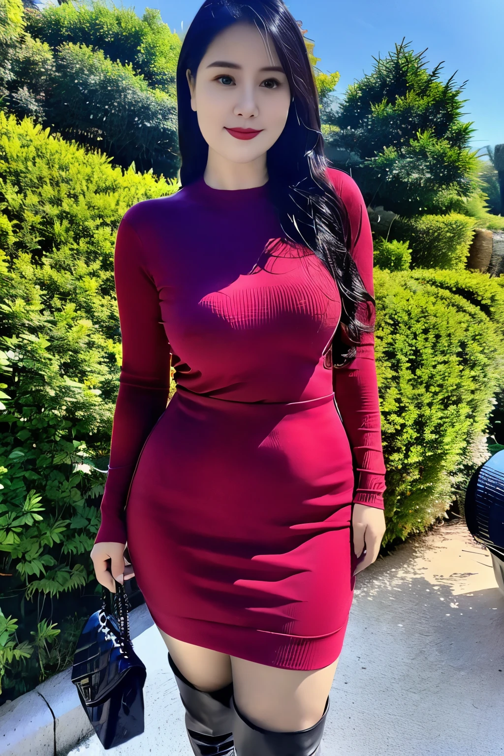 Draw lips correctly, red lipstick, from chest up, best quality, Super detailed, lifelike, Super fine skin, perfect anatomy, (1 中国Mature的女人), (alone),Wearing a green crew neck sweater dress,short sleeve,wavy long hair,37-year-old female,Mature,charming smile,garden background,stand,The body is fat,Big breasts,full-body shot