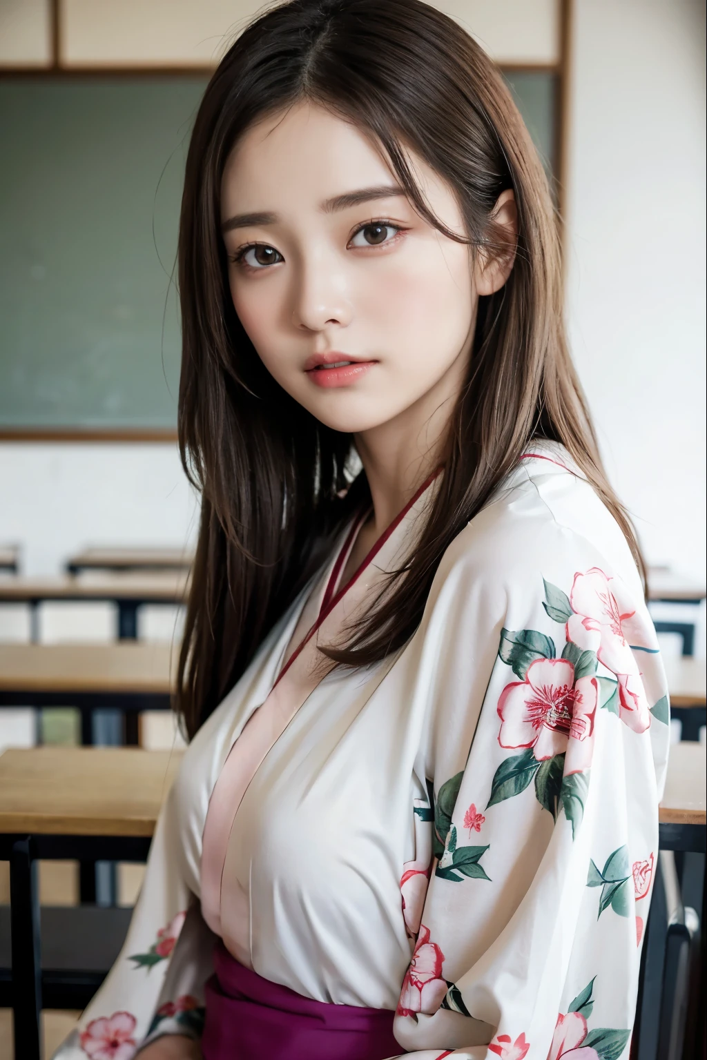 Random pose、top quality、ultra high resolution、(Realism:1.5)、1 girl、Gorgeous kimono、(brown hair:1.2)、Classroom、looking at the audience、close up、Whole BodyEsbian、nasty eyes