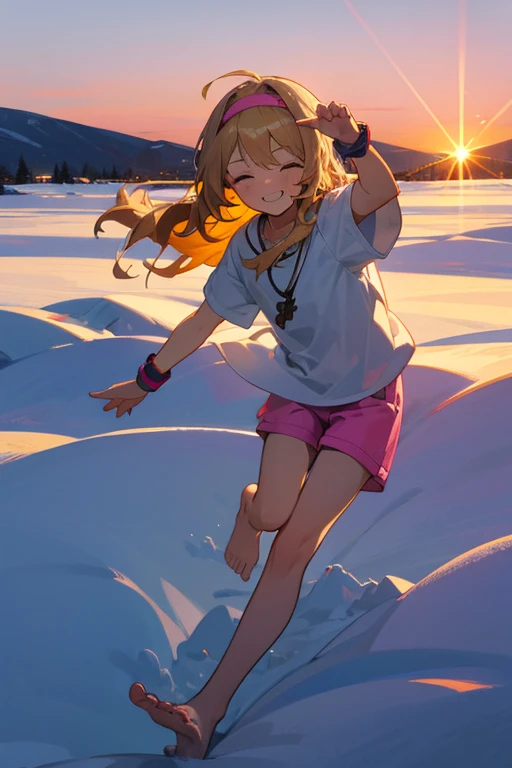 a cute 6 christian church girl named Zachary, brownish blonde hair, hairband, skinny, long wavy hair, in the arctic, wintertime, playing in the snow, short sleeved white sport jersey tshirt, pink shorts, cross necklace, playing in the snow, sunset, slight smile, wristbands, barefoot , winking, hand details, feet details, at the summit of a mountain, building a snowman