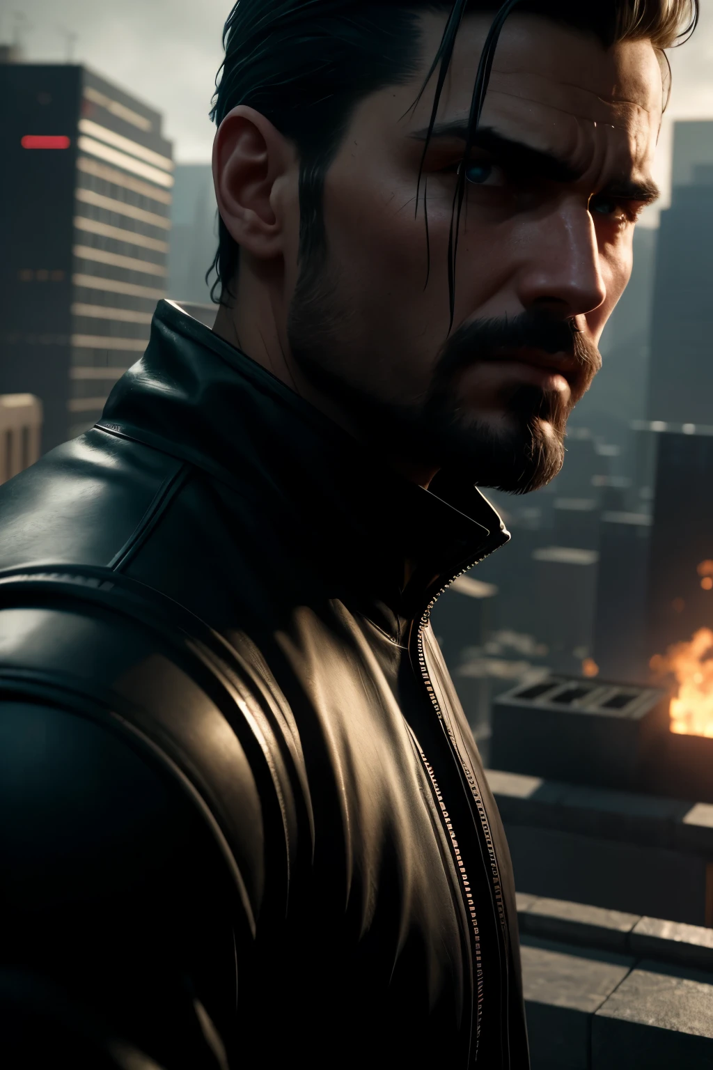 Unreal Engine presents a hyper-real 16:9 medium shot, in which a figure clad in black, with an ominous and threatening expression, dominates the rooftop scene. The close-up focuses on the subject's intense eyes and clenched jaw, as they longingly gaze upon the toolbox before them. The image exudes a palpable sense of menace and defiance, challenging the viewer to question their intentions. The meticulously detailed environment, rendered in Unreal Engine, adds to the overall sense of tension and mystery.