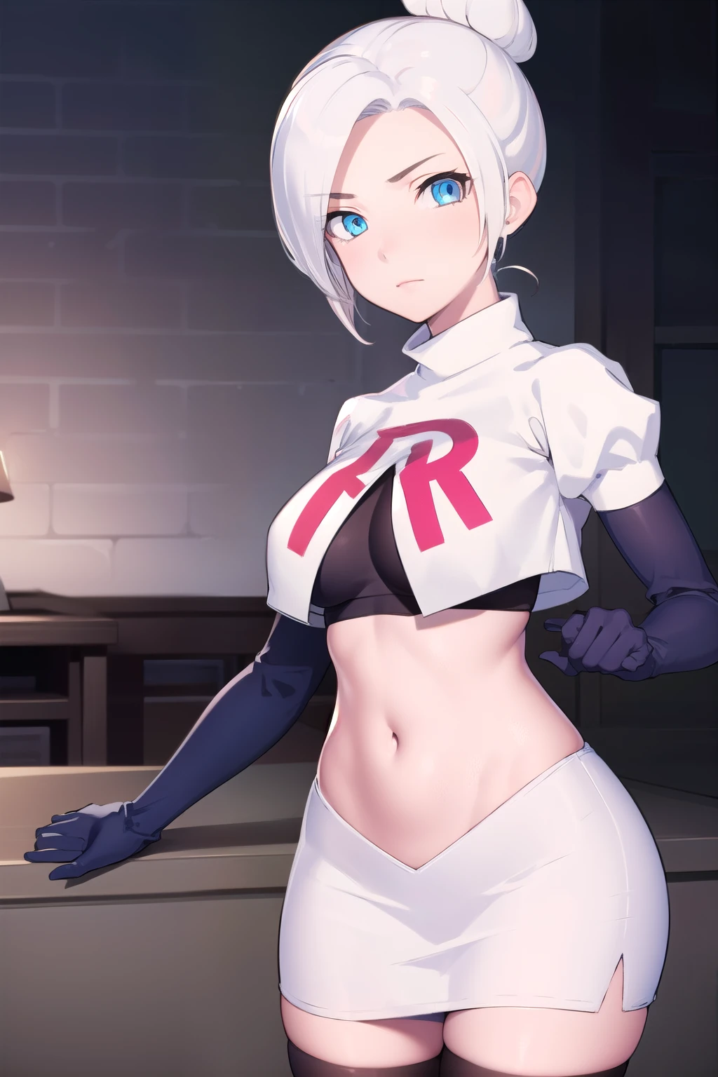 winterschnee, winter schnee, blue eyes, white hair, hair bun, single hair bun,
BREAK team rocket,team rocket uniform, red letter R, white skirt,white crop top,black thigh-highs,black elbow gloves
BREAK looking at viewer, (cowboy shot:1.5),
BREAK (masterpiece:1.2), best quality, high resolution, unity 8k wallpaper, (illustration:0.8), (beautiful detailed eyes:1.6), extremely detailed face, perfect lighting, extremely detailed CG, (perfect hands, perfect anatomy),