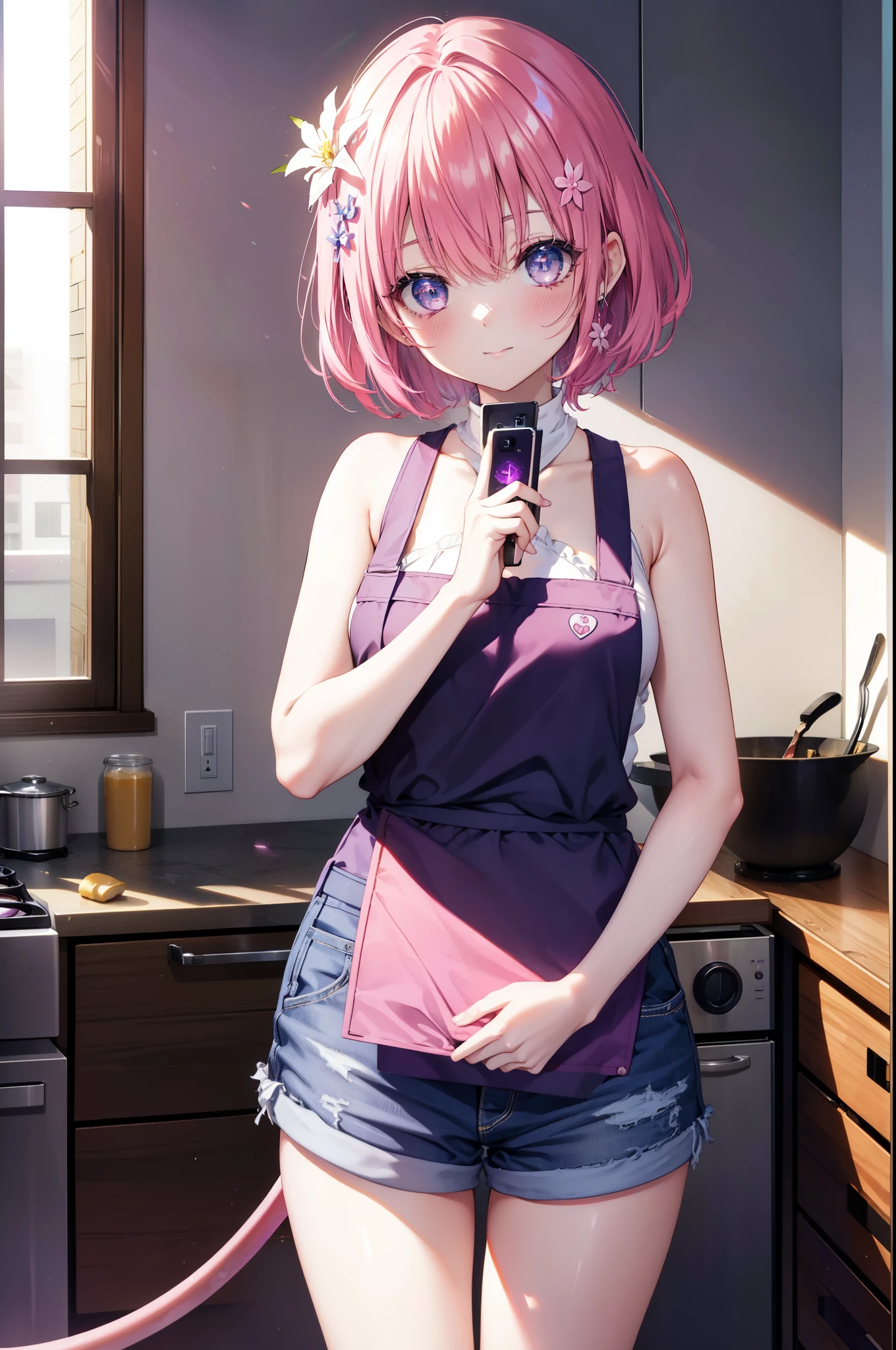 Momodeviluke, Deviluke type, demon tail, hair flower, hair ornaments, (purple eyes:1.1),smile,blush,happy atmosphere,open your mouth, pink hair, short hair, tail, smile,Tank top,shorts,apron,barefoot,cook in the kitchen、フライパンでパスタを調理する
break indoors, kitchen,
break looking at viewer, (cowboy shot:1.5),
break (masterpiece:1.2), highest quality, High resolution, unity 8k wallpaper, (figure:0.8), (beautiful detailed eyes:1.6), extremely detailed face, perfect lighting, extremely detailed CG, (perfect hands, perfect anatomy),