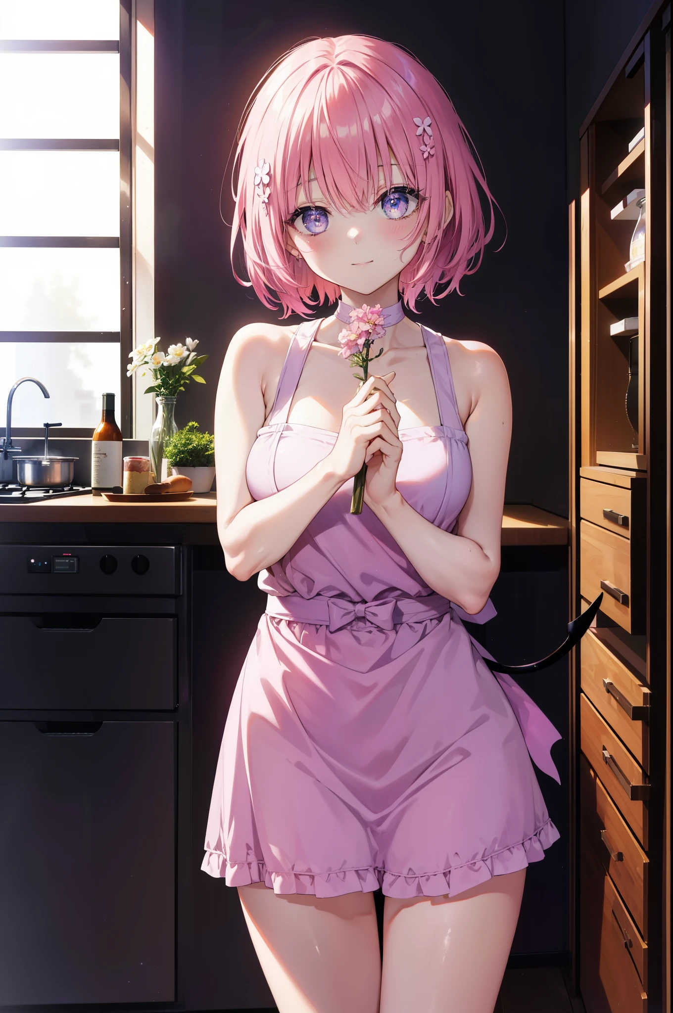 Momodeviluke, Deviluke type, demon tail, hair flower, hair ornaments, (purple eyes:1.1),smile,blush,happy atmosphere,open your mouth, pink hair, short hair, tail, smile,Tank top,shorts,apron,barefoot,cook in the kitchen、フライパンでパスタを調理する
break indoors, kitchen,
break looking at viewer, (cowboy shot:1.5),
break (masterpiece:1.2), highest quality, High resolution, unity 8k wallpaper, (figure:0.8), (beautiful detailed eyes:1.6), extremely detailed face, perfect lighting, extremely detailed CG, (perfect hands, perfect anatomy),