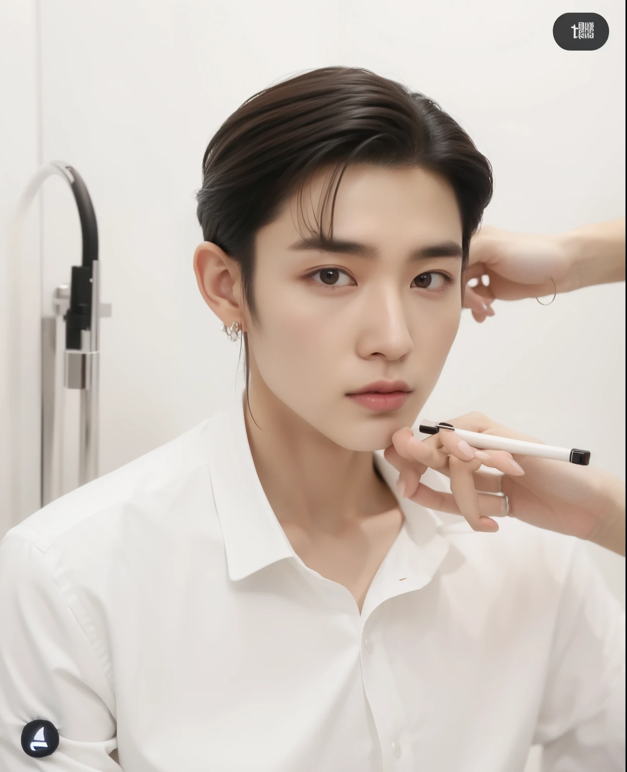 Hombre arafed siendo peinado por una mujer, Cai Xu Kun, 1 7 - year - old chico cara delgada, con maquillaje profesional, jinyoung shin, yanjun chengt, with small nose, Photoshoot, chico cara delgada, pale korean adorable face, young pale angel, kim taejin, realista. ChengYi, Shinji, con nariz estrecha park chanyeol