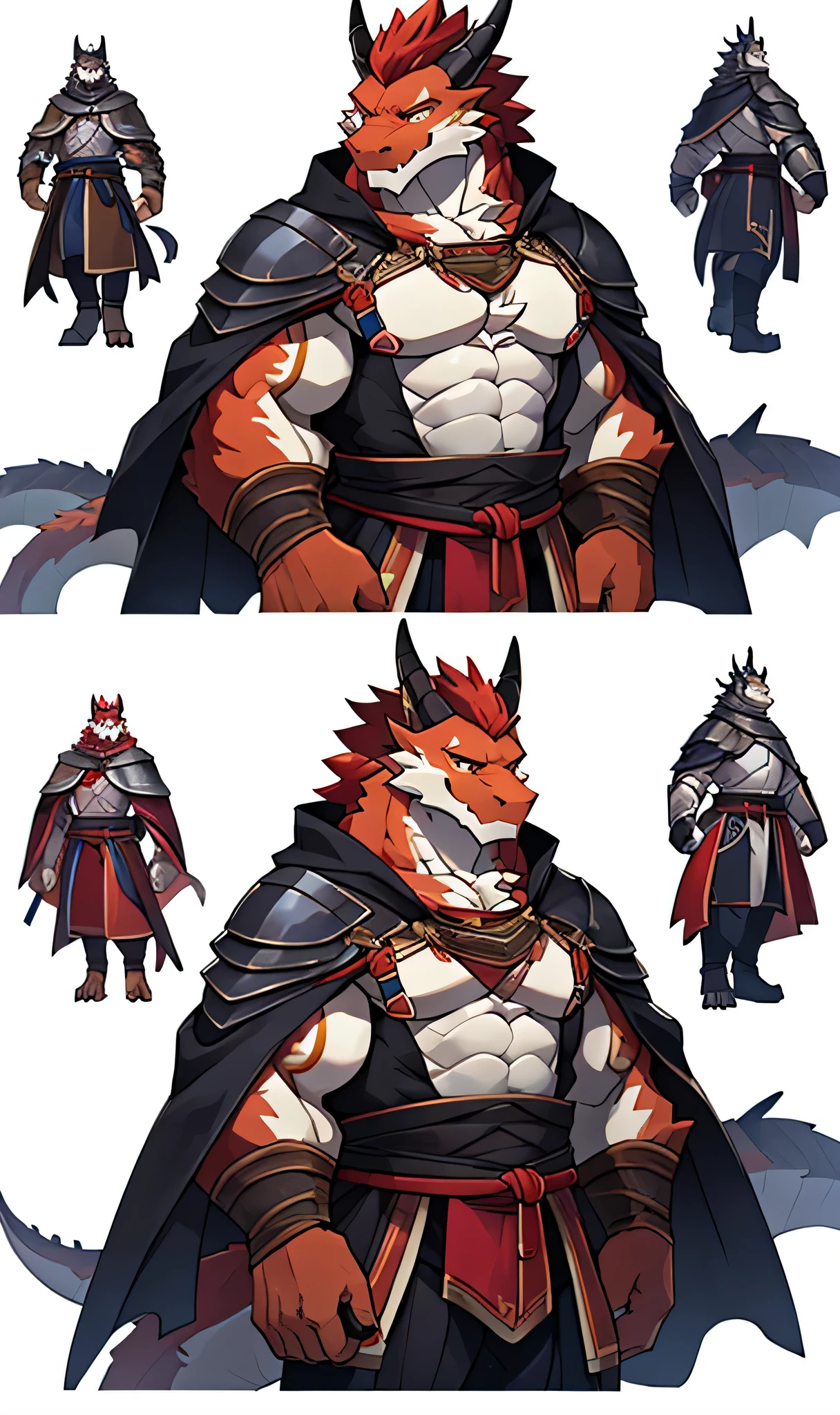 perfect anatomy, (ultra deTailed), sharp focus, Eye, amber Eye, hairy, light white fur, Brown red hair on top of head, beard, (dragon), male, middle aged, orange-red body, white belly, Tail, Muscular and big, big man,bare breasts,knight clothing, red cherry long cloak, ultra deTailed face, depth of field, motion blur, high deTails, high quality, Award-winning, HD, 16K, (best quality,4K,8K,High resolution,masterpiece:1.2),ultra-deTailed,actual:1.37,HDR,UHD,studio lighting,extreme deTail description,professional,bright colors, ((masterpiece)), (((best quality))),(character design sheet, same characters, front, side, Back), illustration, environmental change scenarios, Chatongbetalora, (simple Background, white Background: 1.3) information,character design sheet,背面front侧面描绘