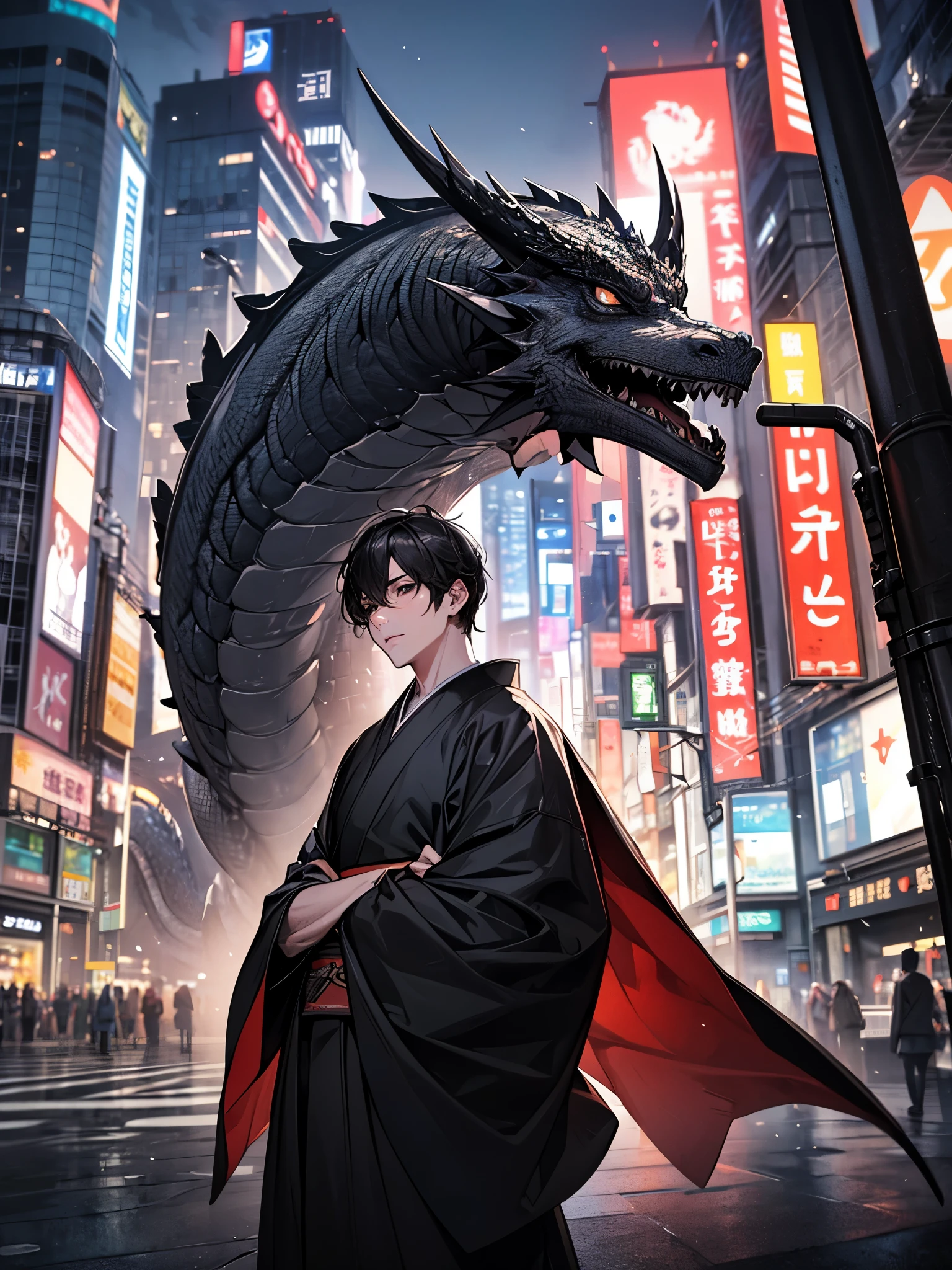 ((perfect anatomy:1.2,realistic,:1.3,RAW Photography:1.3,masterpiece、highest quality、Ultra - High resolution、High resolution、Highly detailed CG、8K)),from front,(1 Japan Male、25 years old、black kimono for men,detailed face and eyes,black eye,black short hair), thin body、toned body shape、cold gaze、ride a dragon、stand on the dragon&#39;s head、Obey the Dragon、collapsed building、Shibuya Station、Shibuya Ward、Tokyo、at night、neon、
