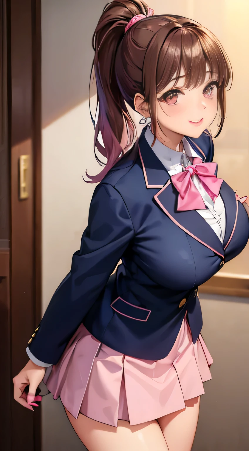 expensiveest quality、expensive school girl、((droopy eyes))、light brown hair、expensiveボリュームのあるポニーテール、grated bangs、clothed big breasts、(broad shoulders)、navy blue blazer、expensive 、(((pink nails)))、expensive、elegance、smile、glossy lips、earrings、skirt、dark blue socks