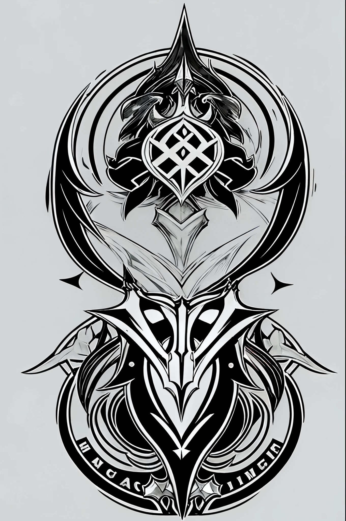 One BlazBlue style coat of arms about a demon, ice, sword, black and white, multiple parts, crest