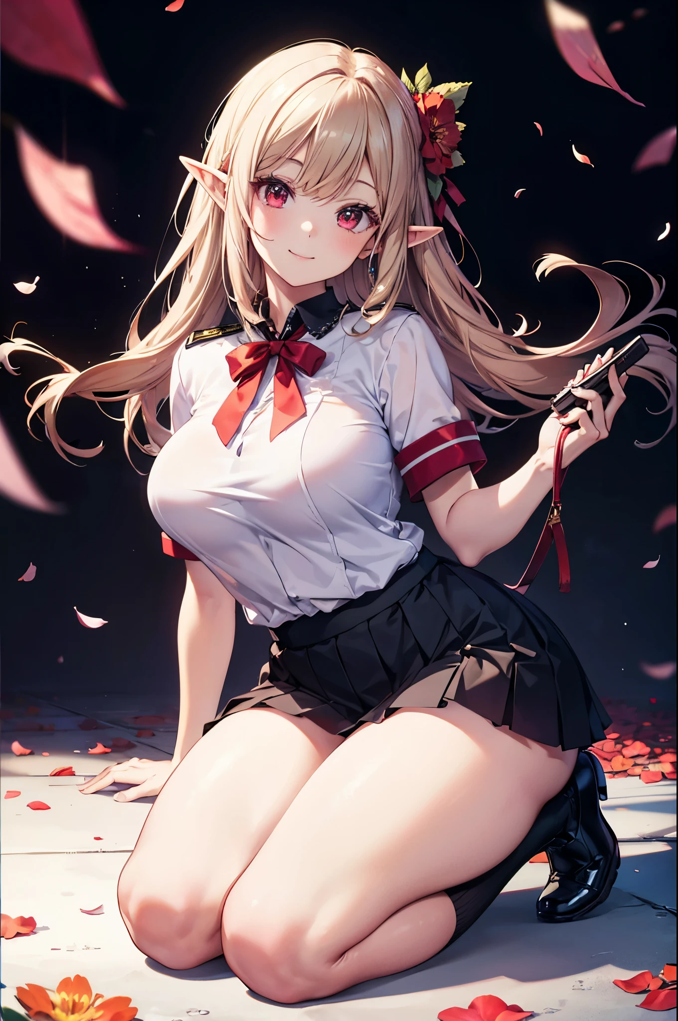 Nipples are visible、The skirt is flipped up、Without skirt、White underwear、In underwear、Panties in full view、White panties、 1, 1girl, asahina mikuru, long hair, kita high , solo,  short sleeves, red ribbon, large breasts, cowboy shot, waving, outdoors, Underwear in full view、From the back