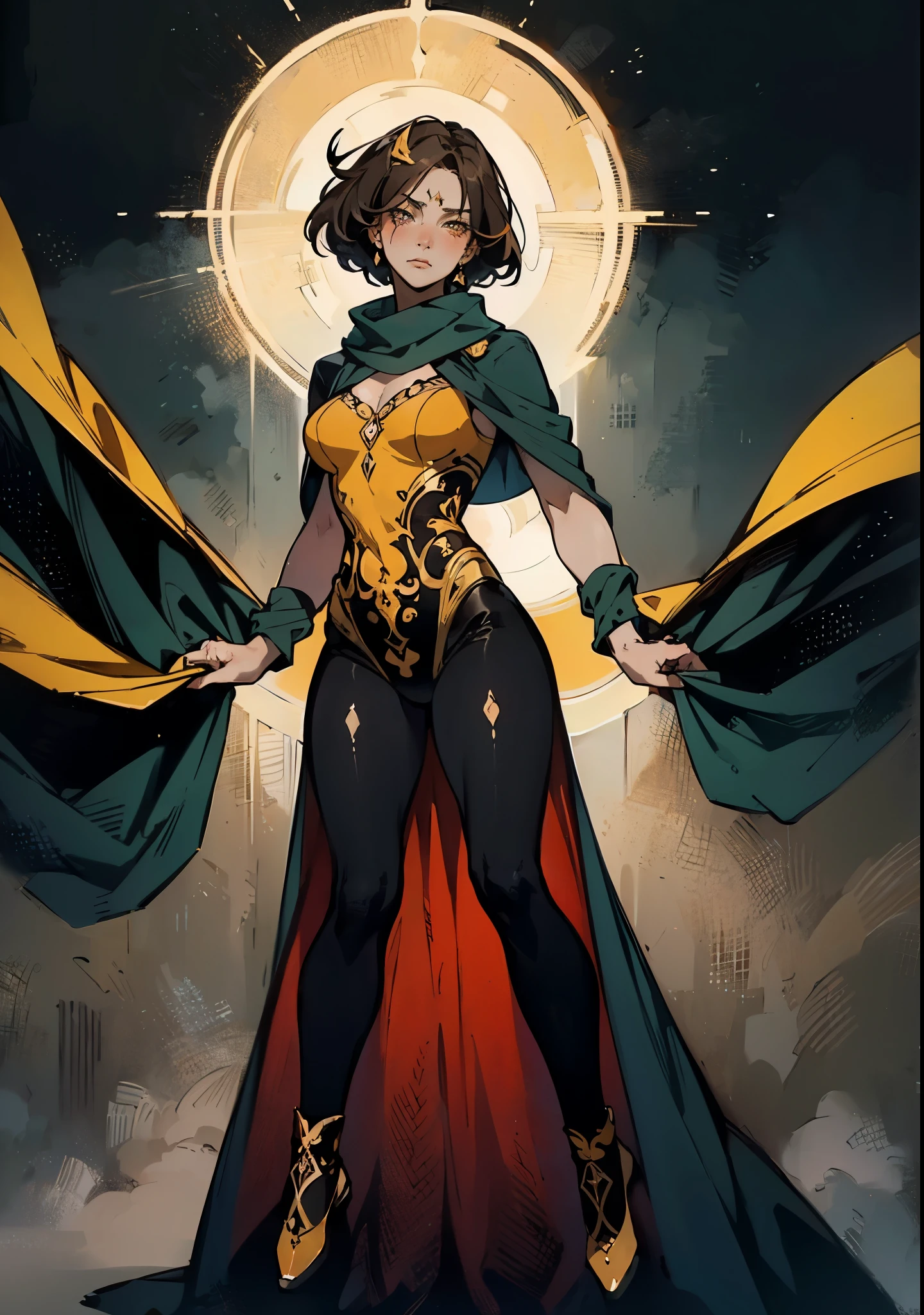 A girl with short brown hair, delicate features, a focused gaze, a determined expression, she has a petite figure akin to a gymnast, adorned with a long flowing cape-like scarf in red and yellow hues, a fantasy-realism-style gymnastics leotard with a long hemline attached, paired with matching leggings, ((black as the main color, complemented by red and yellow accents)), (she poised on a vast stage enveloped in mystery, she emitting a sacred glow in the dim environment), this character embodies a finely crafted fantasy-realism-style dancer in anime style, exquisite and mature manga art style, perfect body, porcelain skin, high definition, best quality, highres, ultra-detailed, ultra-fine painting, extremely delicate, professional, anatomically correct, symmetrical face, extremely detailed eyes and face, high quality eyes, creativity, RAW photo, UHD, 32k, Natural light, cinematic, masterpiece-anatomy-perfect, masterpiece:1.5