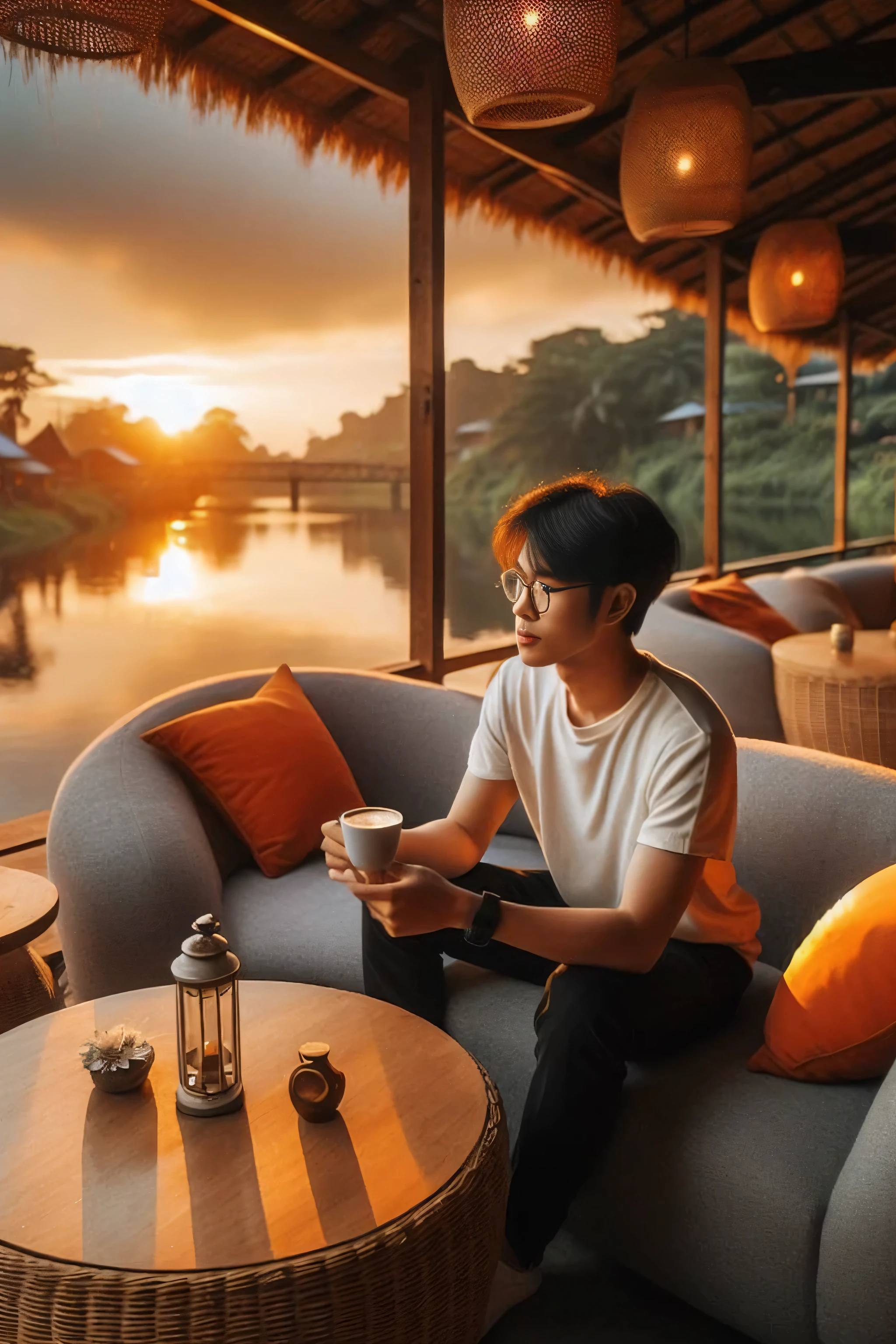 arafed man sitting on a couch with a cup of coffee, morning golden hour, at sunrise, cinematic morning light, taken at golden hour, sitting in a cafe alone, golden hour time, sitting alone in a cafe, morning time, shot at golden hour, with sunset, sunset time, sunset mood, at golden hour, sitting in a lounge