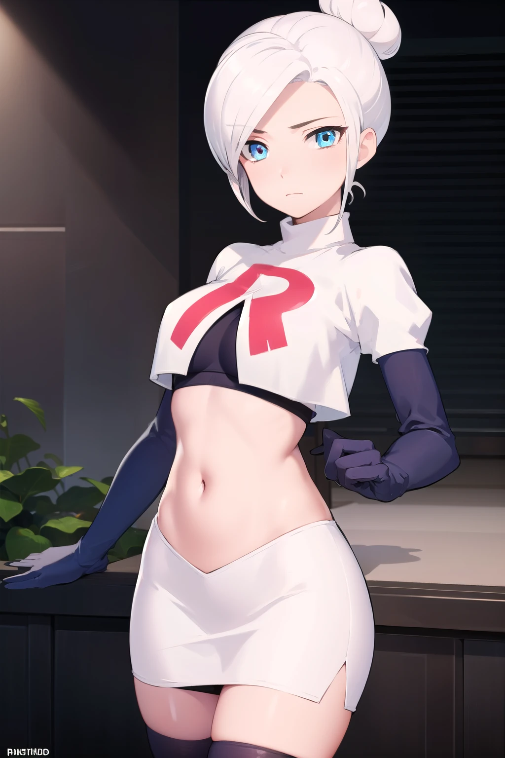 winterschnee, winter schnee, blue eyes, white hair, hair bun, single hair bun,
BREAK team rocket,team rocket uniform, red letter R, white skirt,white crop top,black thigh-highs,black elbow gloves
BREAK looking at viewer, (cowboy shot:1.5),
BREAK (masterpiece:1.2), best quality, high resolution, unity 8k wallpaper, (illustration:0.8), (beautiful detailed eyes:1.6), extremely detailed face, perfect lighting, extremely detailed CG, (perfect hands, perfect anatomy),