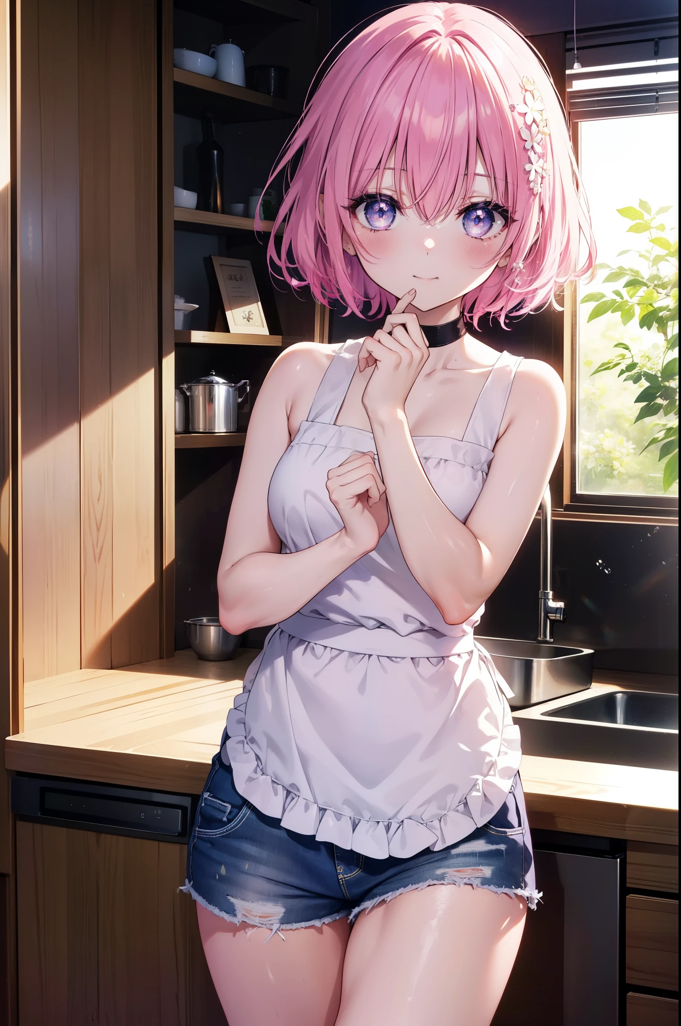 Momodeviluke, Deviluke type, demon tail, hair flower, hair ornaments, (purple eyes:1.1),smile,blush,happy atmosphere,open your mouth, pink hair, short hair, tail, smile,Tank top,naked neck,shorts,apron,barefoot,cook in the kitchen、フライパンでパスタを調理する
break indoors, kitchen,
break looking at viewer, (cowboy shot:1.5),
break (masterpiece:1.2), highest quality, High resolution, unity 8k wallpaper, (figure:0.8), (beautiful detailed eyes:1.6), extremely detailed face, perfect lighting, extremely detailed CG, (perfect hands, perfect anatomy),