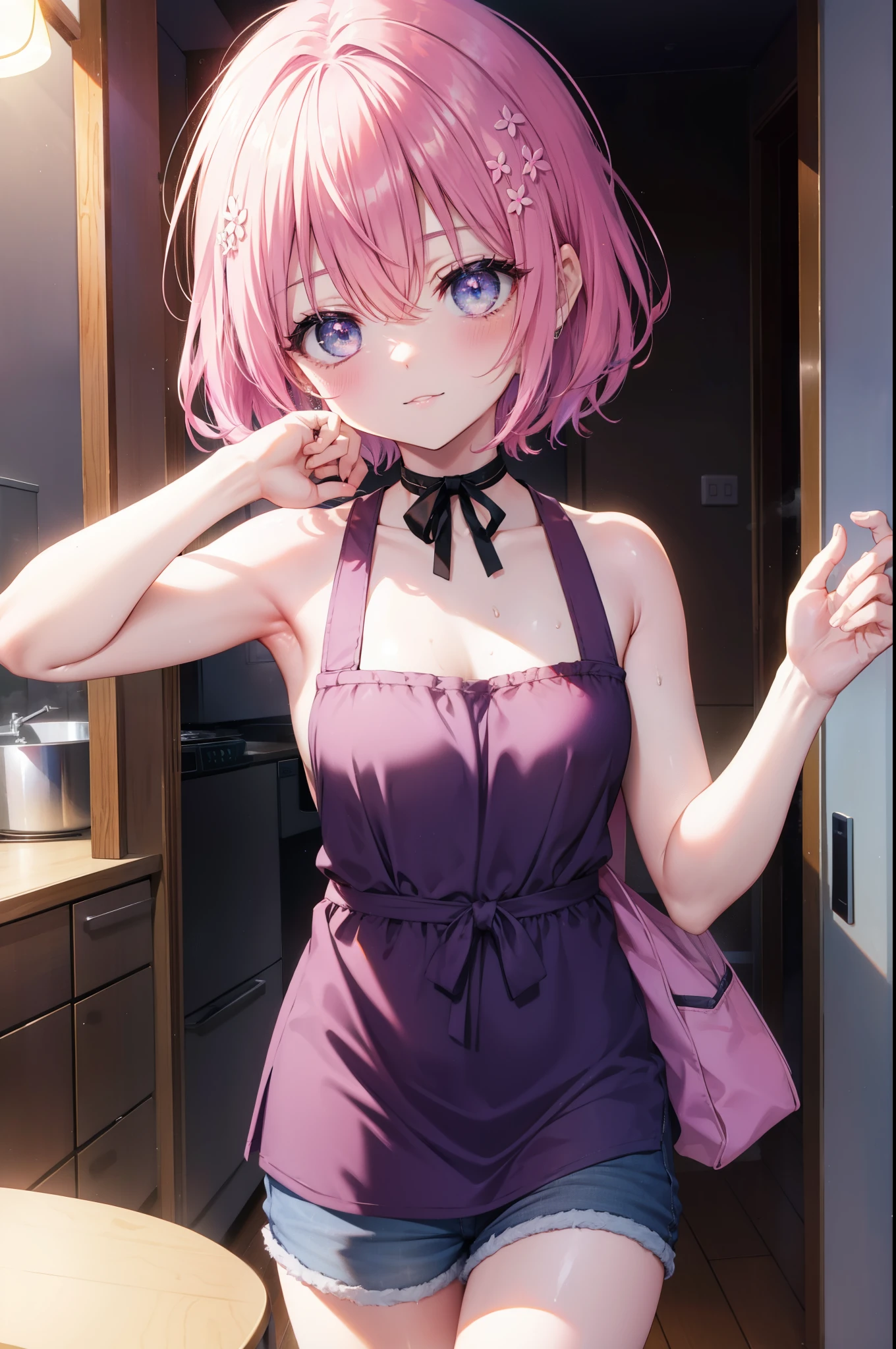 Momodeviluke, Deviluke type, demon tail, hair flower, hair ornaments, (purple eyes:1.1),smile,blush,happy atmosphere,open your mouth, pink hair, short hair, tail, smile,Tank top,naked neck,shorts,apron,barefoot,cook in the kitchen、フライパンでパスタを調理する
break indoors, kitchen,
break looking at viewer, (cowboy shot:1.5),
break (masterpiece:1.2), highest quality, High resolution, unity 8k wallpaper, (figure:0.8), (beautiful detailed eyes:1.6), extremely detailed face, perfect lighting, extremely detailed CG, (perfect hands, perfect anatomy),