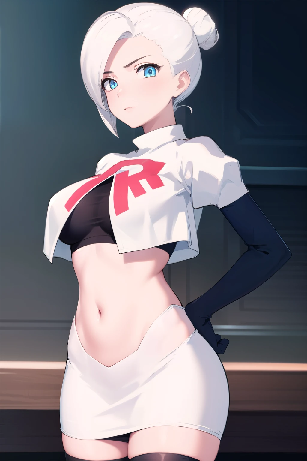 winterschnee, winter schnee, blue eyes, white hair, hair bun, single hair bun,
BREAK team rocket,team rocket uniform, red letter R, white skirt,white crop top,black thigh-highs,black elbow gloves
BREAK looking at viewer, (cowboy shot:1.5),
BREAK (masterpiece:1.2), best quality, high resolution, unity 8k wallpaper, (illustration:0.8), (beautiful detailed eyes:1.6), extremely detailed face, perfect lighting, extremely detailed CG, (perfect hands, perfect anatomy),