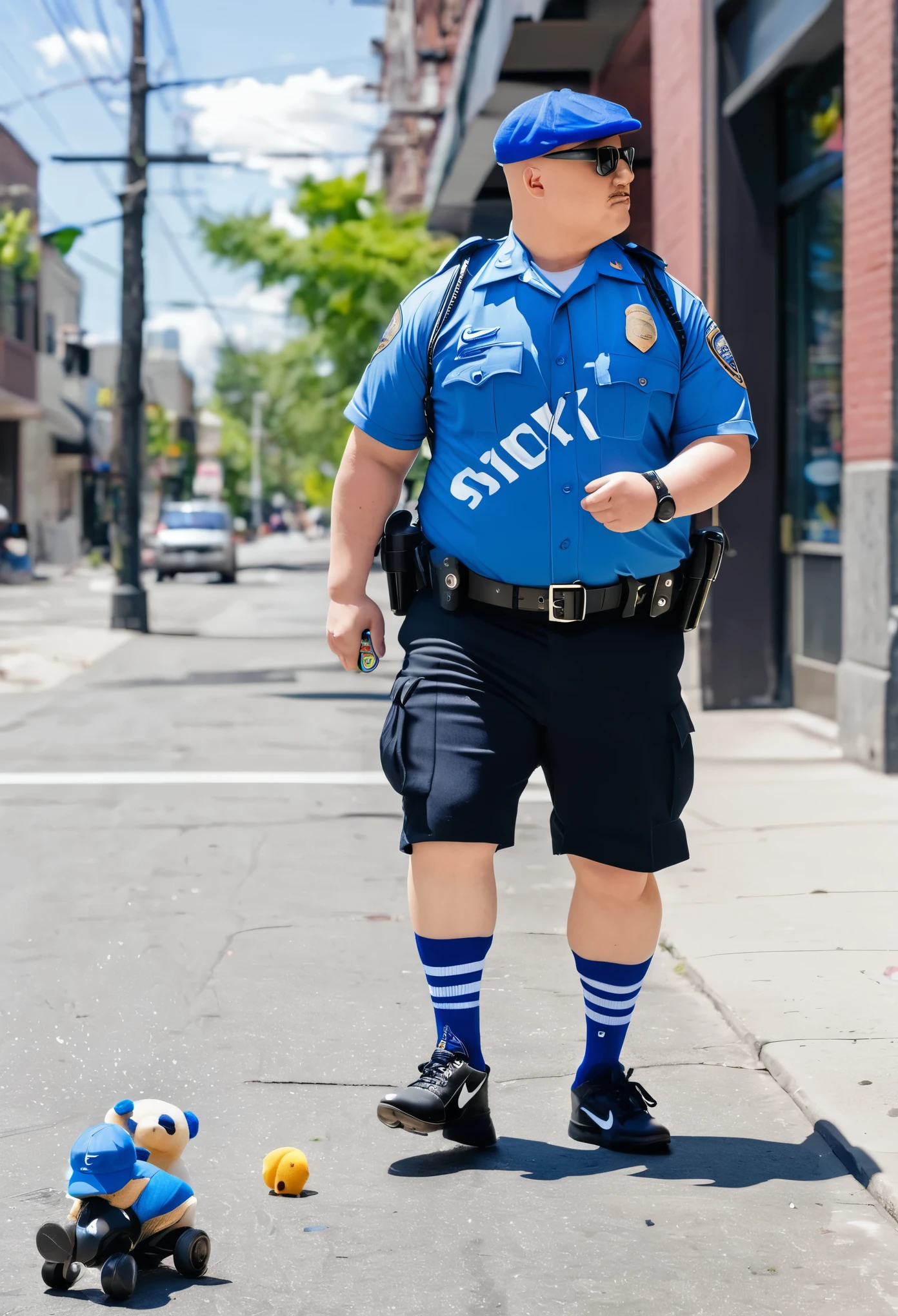 Bald and chubby cop wearing a blue cap, black sox and Nike sneakers. He’s walking and crushing some small toys on the street. 