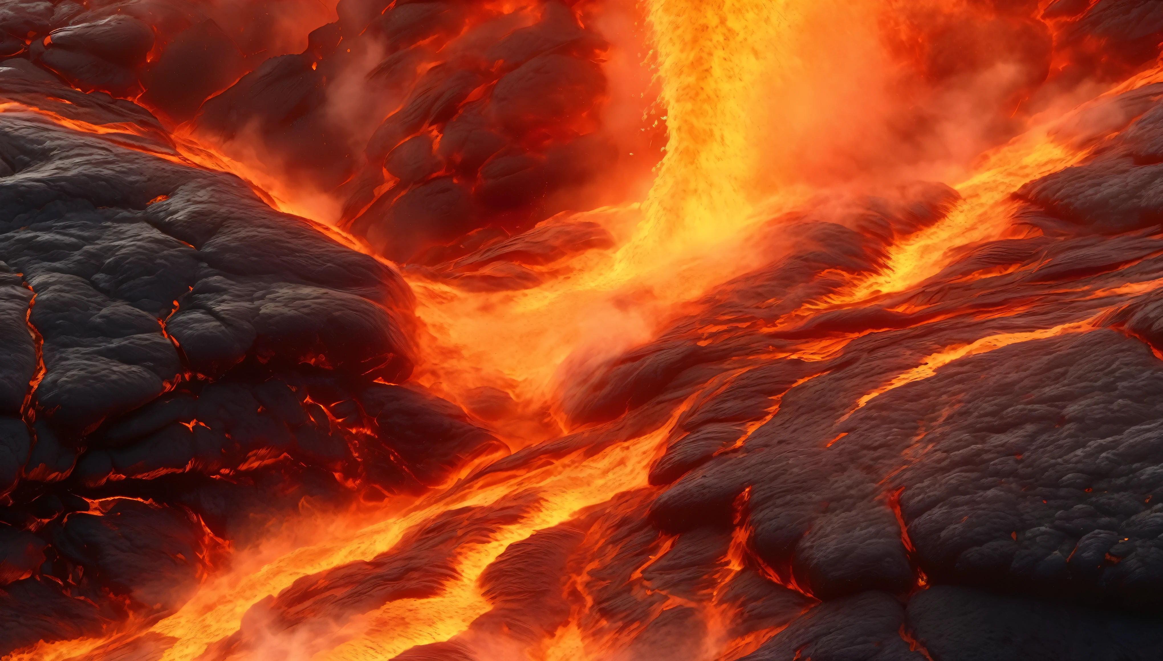 Lava flows down the mountain, Extreme close-up of flowing magma, The crater in the upper right corner of the composition, (best quality,4K,8K,high resolution,masterpiece:1.2), Super detailed, (actual,photoactual,photo-actual:1.37), high dynamic range, studio lighting, Intense reds and oranges, Glowing and glowing rock formations, billowing smoke and steam, Vibrant and dramatic scenes, volcanic ash in the air, Hot and energetic atmosphere