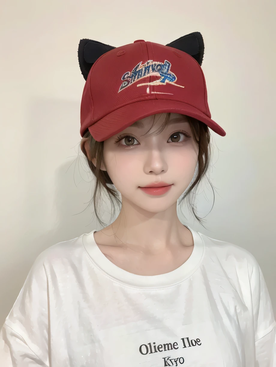 Best image quality、original photo、ultra high resolution、21 years old Korean、small breasts、dynamic angle、cowboy shooting、The most beautiful form of chaos、elegant、Innovative design、bright colors、,light brown short hair、disheveled hair、light brown eyes 、black baseball cap(表情Smile)、short bob、Smile、Fair and shiny skin、beautiful eyes,random color、The details are very beautiful、thin lips、细致beautiful eyes、elongated eyes、pale pink cheeks、long eyelashes、beautiful double eyelids、eye shadow、he、Big white t-shirt sweatshirt、baggy pants、Shot from the side、sexy pose、enlarge
