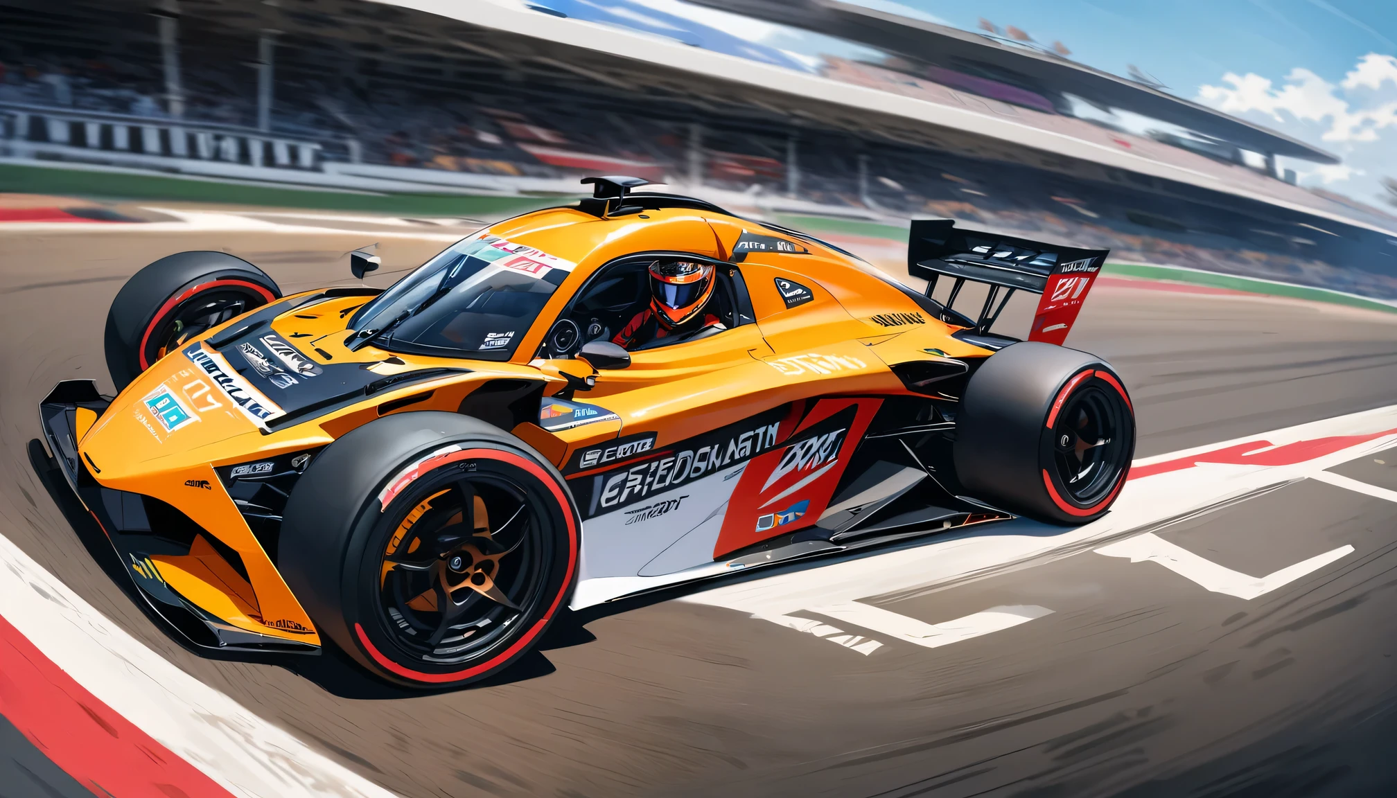 Formula racing scene, bright colors, high speed movement, Detailed car, Intense competition, realistic track, Professional driver, Stylish design, powerful engine, dynamic angle, Top quality rendering, motion blur, adrenaline, roaring engine, Skilled operation, Checkered flag, Pitted, tire tracks, Precise control, narrow corner, High-performance vehicles, aerodynamic shape, Cockpit view, Speedometer, racing met, Sponsor logo, Celebrating on the podium, victory spray, Passionate fans, match official, Rat race, Charming atmosphere, game day excitement