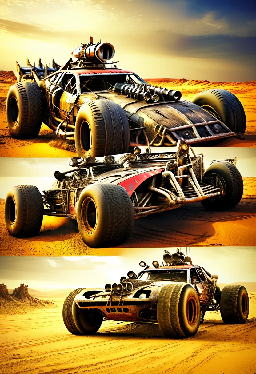 Racing Car:1.5, mad max style, in the desert, among rubble, ( (perfect, Meticulously detailed, impeccable: 1.4), ((Masterpiece)), (Hyper-detailed: 1.3), (Photorealistic: 1.4), epic , night: 1.3, darkness: 1.3, light from explosions, 32k.