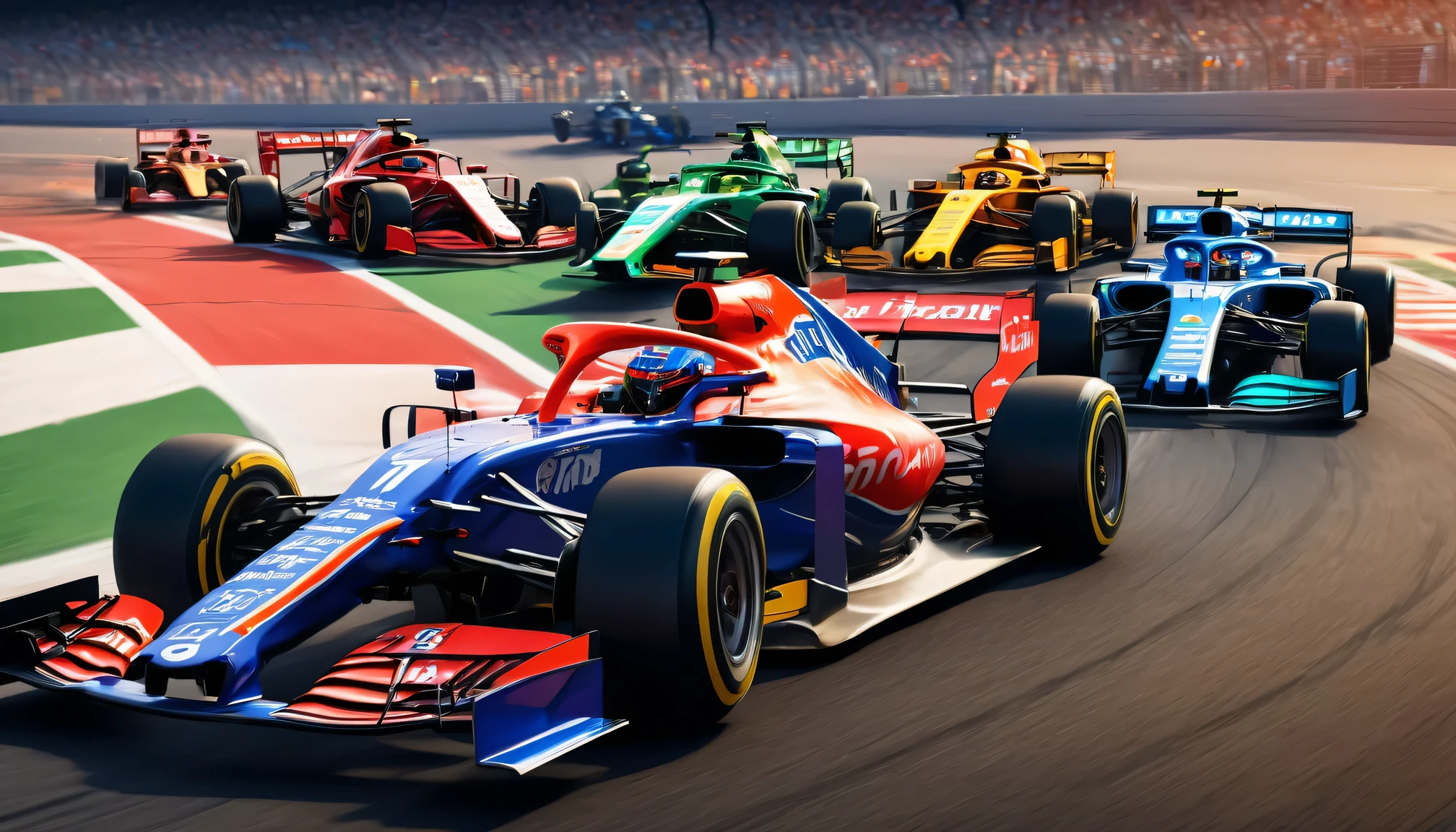 Formula racing scene, bright colors, high speed movement, Detailed car, Intense competition, realistic track, Professional driver, Stylish design, powerful engine, dynamic angle, Top quality rendering, motion blur, adrenaline, roaring engine, Skilled operation, Checkered flag, Pitted, tire tracks, Precise control, narrow corner, High-performance vehicles, aerodynamic shape, Cockpit view, Speedometer, racing helmet, Sponsor logo