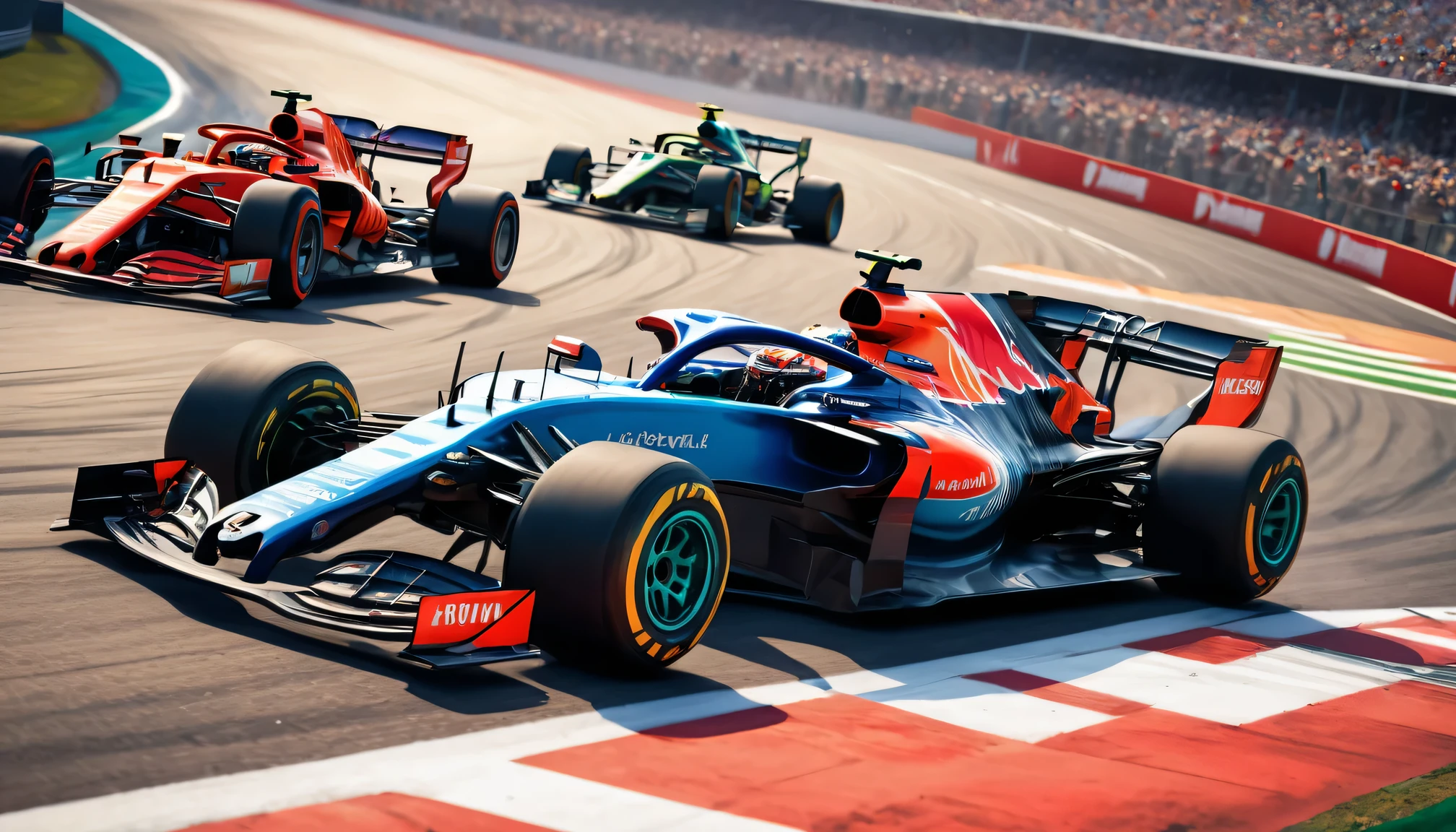 Formula racing scene, bright colors, high speed movement, Detailed car, Intense competition, realistic track, Professional driver, Stylish design, powerful engine, dynamic angle, Top quality rendering, motion blur, adrenaline, roaring engine, Skilled operation, Checkered flag, Pitted, tire tracks, Precise control, narrow corner, High-performance vehicles, aerodynamic shape, Cockpit view, Speedometer, racing helmet, Sponsor logo