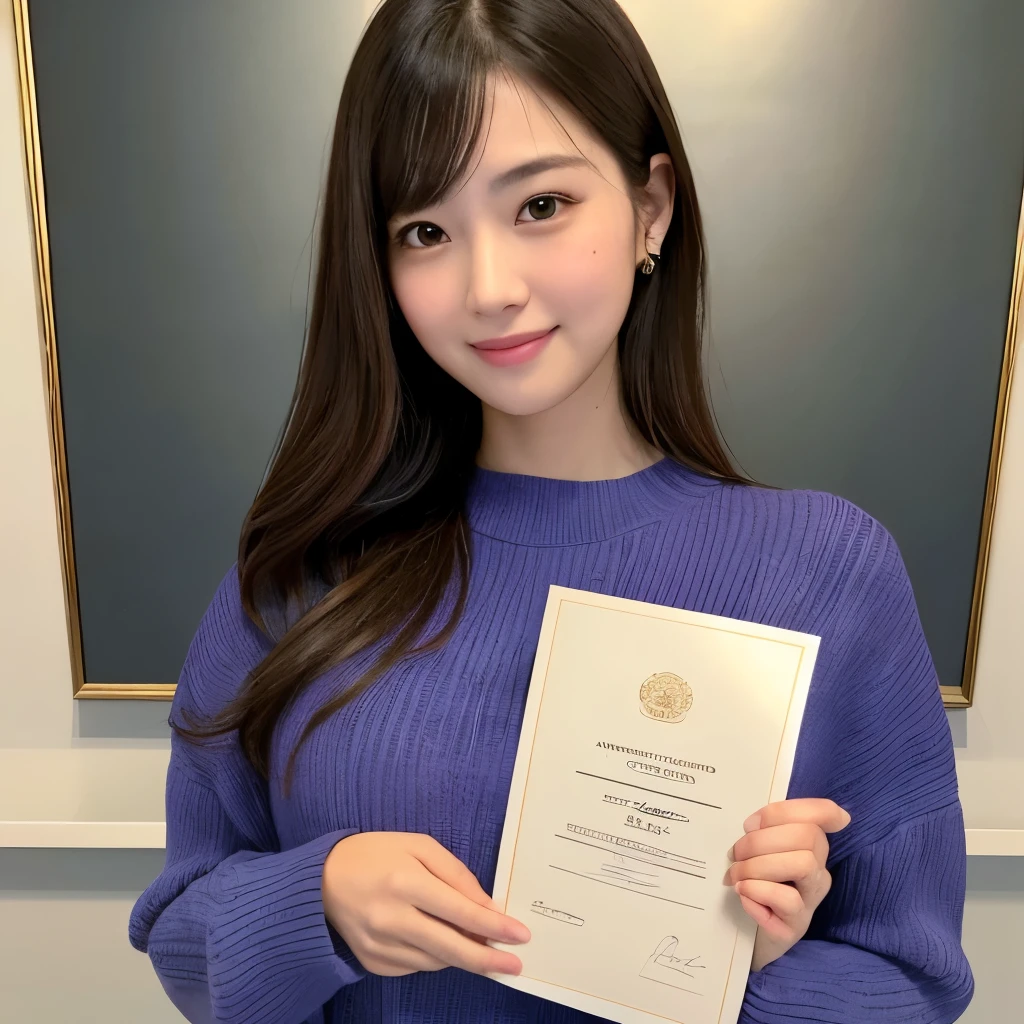 High resolution、High level image quality、high detail、masterpiece、realistic skin,、rough skin、(anatomically correct)、1 person、(((Holding the award certificate with both hands next to the face)))、((Japanese 28 year old female plump))、((whole body))、facing forward、The photo shows up to the waist、wearing a sweater、smile