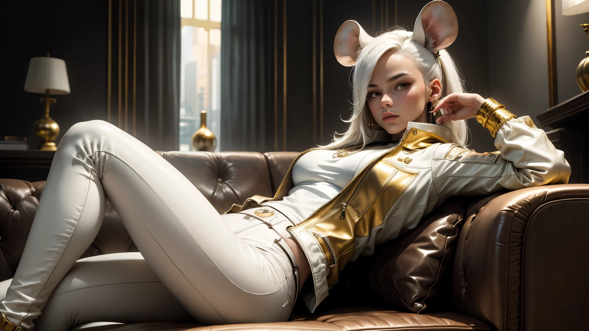 good quality, ultra high resolution，masterpiece, 8K，（reality，detail）A female robber with a mouse head，Wearing a white skinny leather jacket，Sitting on the sofa，It's all behind him，gold，jewelry，whole body effect（（from head to foot））