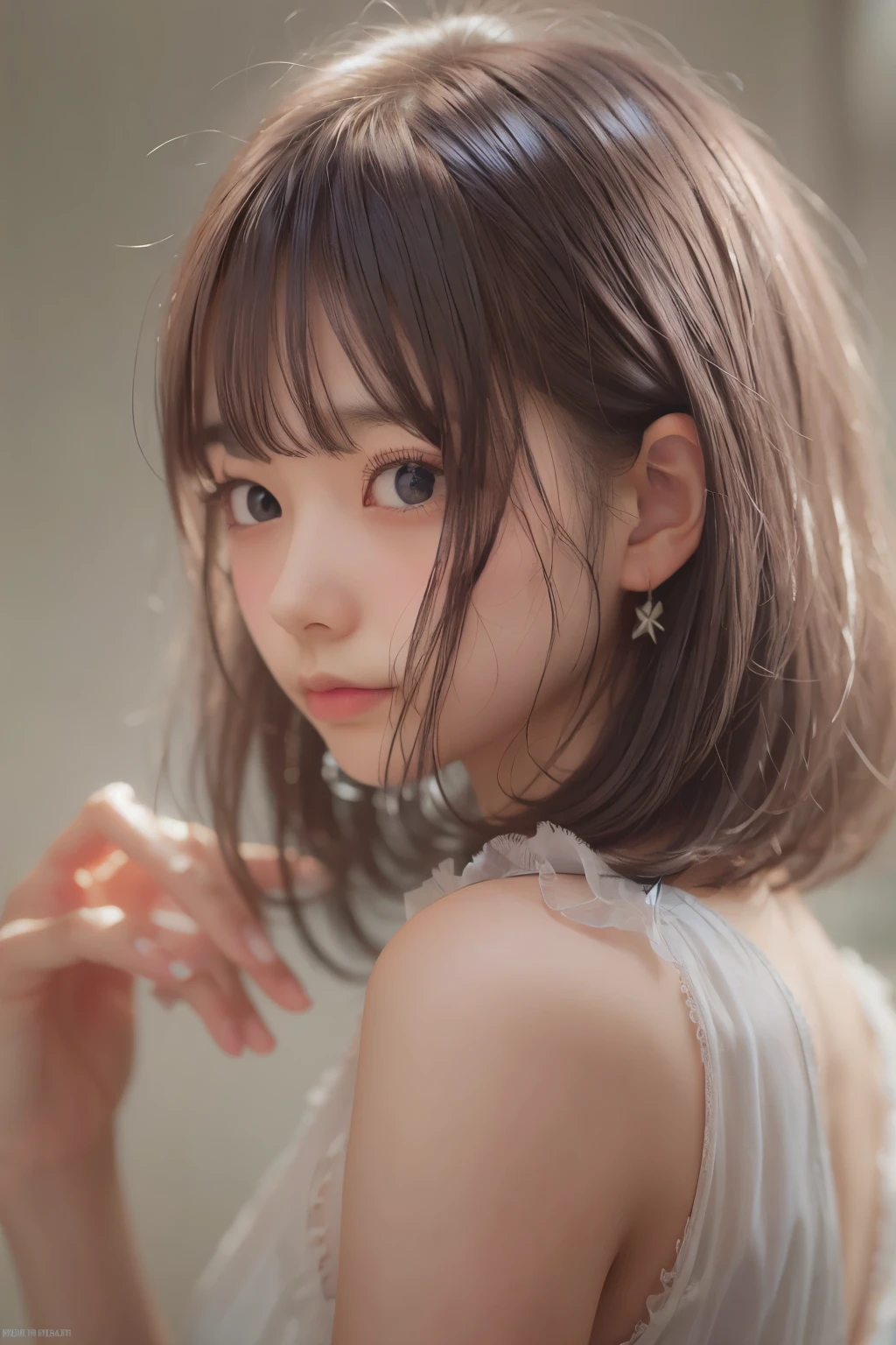((sfw: 1.4)), ((sfw, extra short hair, sidelocks-hair, 1 Girl)), Ultra High Resolution, (Realistic: 1.4), RAW Photo, Best Quality, (Photorealistic Stick), Focus, Soft Light, ((20 years old)), ((Japanese)), (( (young face))), (surface), (depth of field), masterpiece, (realistic), woman, bangs, ((1 girl))