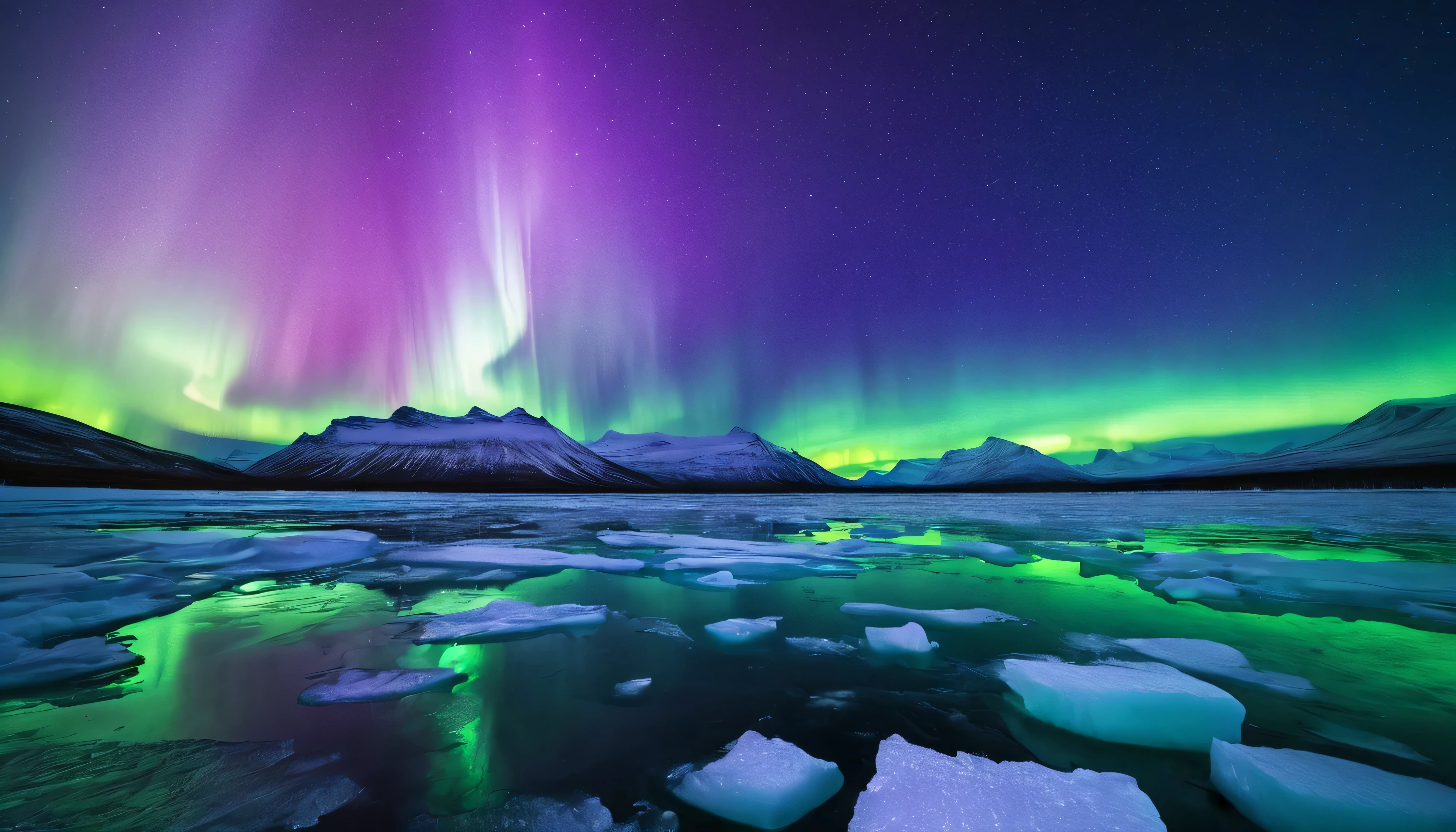 Create a breathtaking scene that combines the ethereal beauty of the aurora borealis with the fierce energy of a lightning storm, set against the backdrop of a vast ice field. The northern lights weave through the sky in vibrant greens and purples, while bolts of lightning add a dynamic burst of white light, reflecting off the ice below. This juxtaposition of the calm beauty of the aurora against the sudden, brilliant flashes of the storm captures the essence of nature's dual character. The scene should be set during the night, where the only light comes from the sky, casting the ice field in an otherworldly glow.