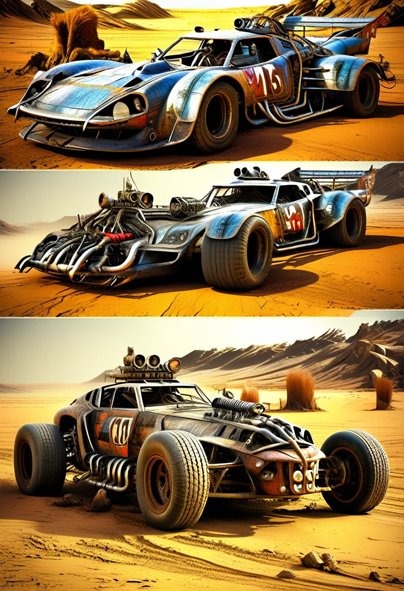 Racing Car:1.5, several mad max style cars, in the desert, among rubble, ((perfect, Meticulously detailed, impeccable: 1.4), ((Masterpiece)), (Hyper-detailed: 1.3), (Photorealistic: 1.4) , epic , night: 1.3, darkness: 1.3, light from explosions, 32k.