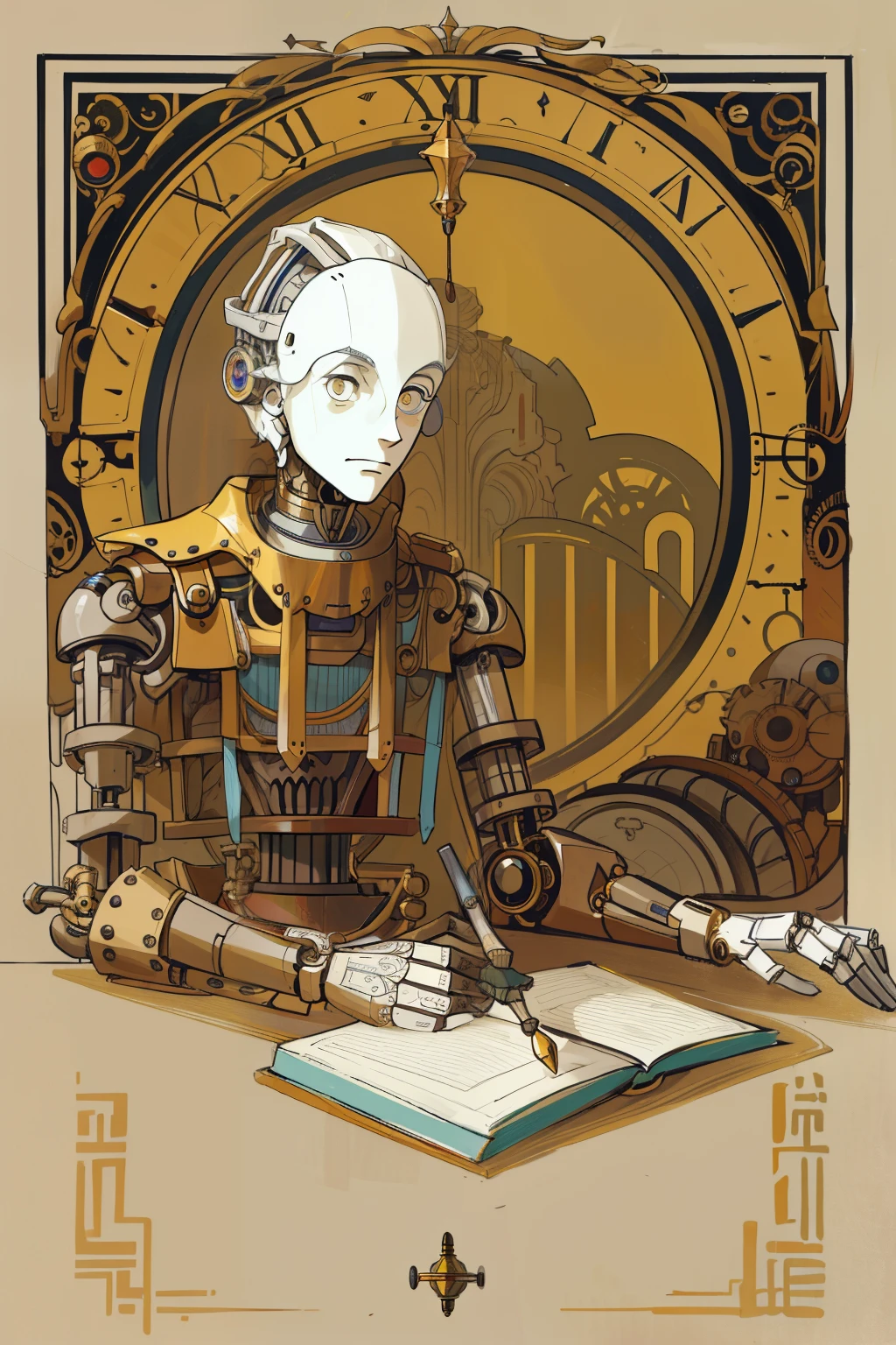 a drawing of a mechanical automaton sitting at a table with a book, Detailed humanoid, male automaton, humanoid portrait, portrait of an automaton adolescente, a portrait of an automaton, portrait of an automaton, portrait of an automaton, inspirado em Hugo Cabret, steampunk male automaton, retrato de um male automaton, retrato de um artista faminto de IA