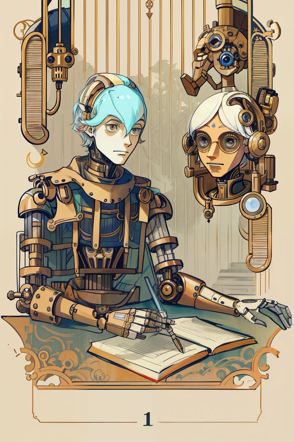 a drawing of a mechanical automaton sitting at a table with a book, Detailed humanoid, male automaton, humanoid portrait, portrait of an automaton adolescente, a portrait of an automaton, portrait of an automaton, portrait of an automaton, inspirado em Hugo Cabret, steampunk male automaton, retrato de um male automaton, retrato de um artista faminto de IA